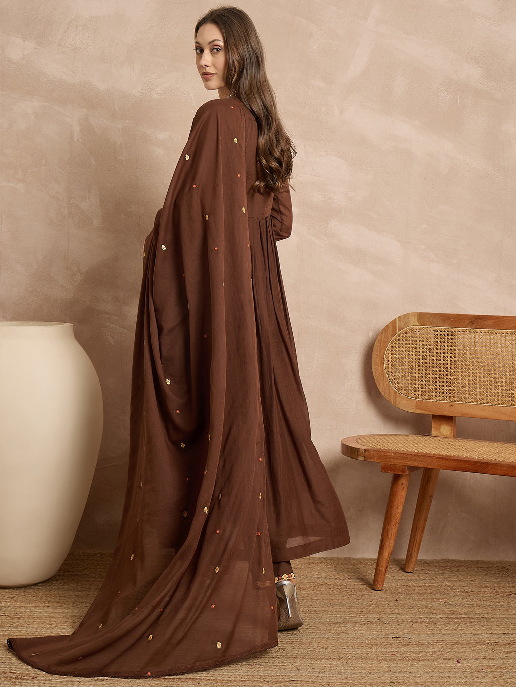Women Floral Embroidered Angrakha Thread Work Kurta with Trousers & With Dupatta