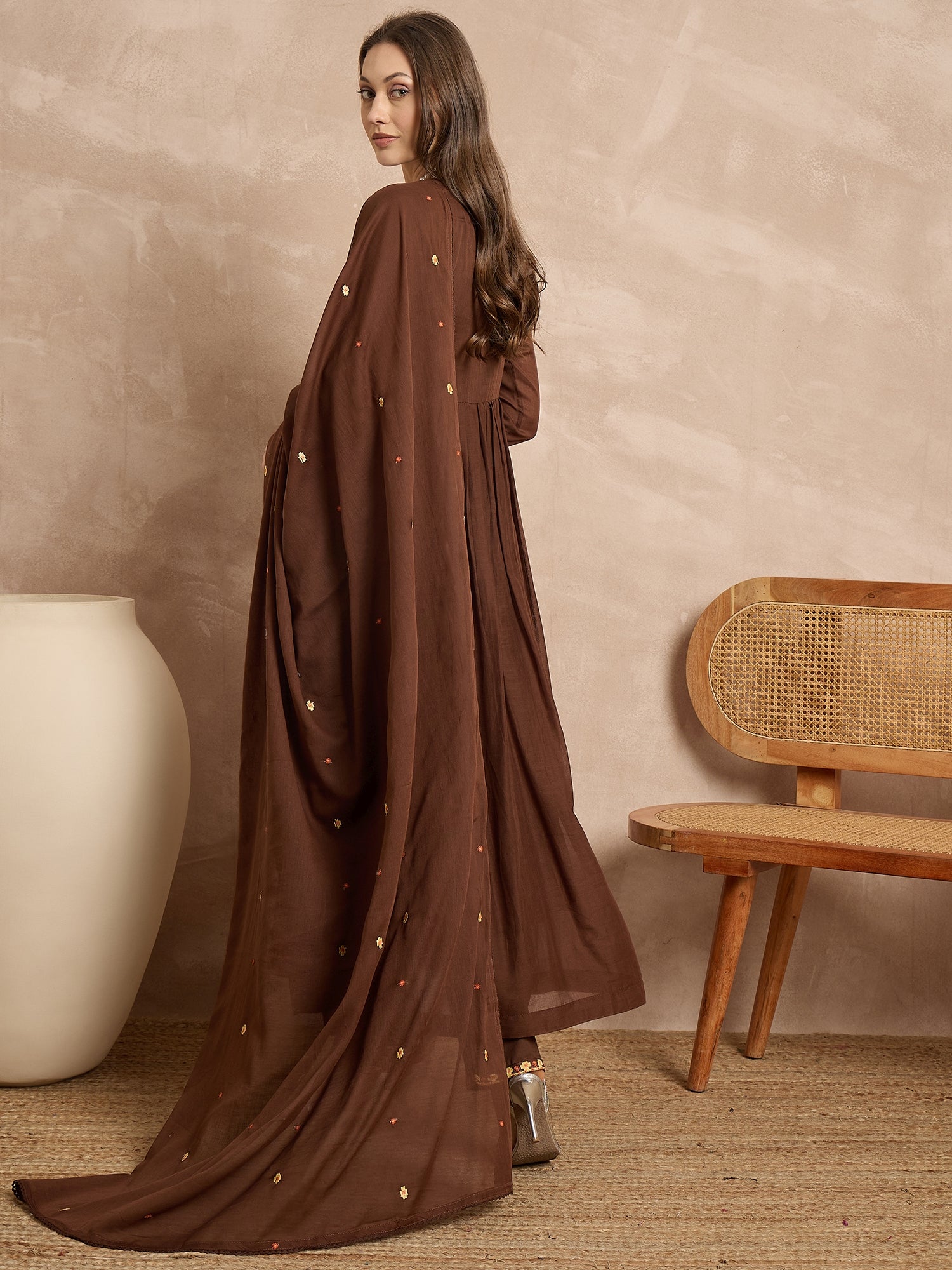 Women Floral Embroidered Angrakha Thread Work Kurta with Trousers & With Dupatta