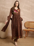 Women Floral Embroidered Angrakha Thread Work Kurta with Trousers & With Dupatta