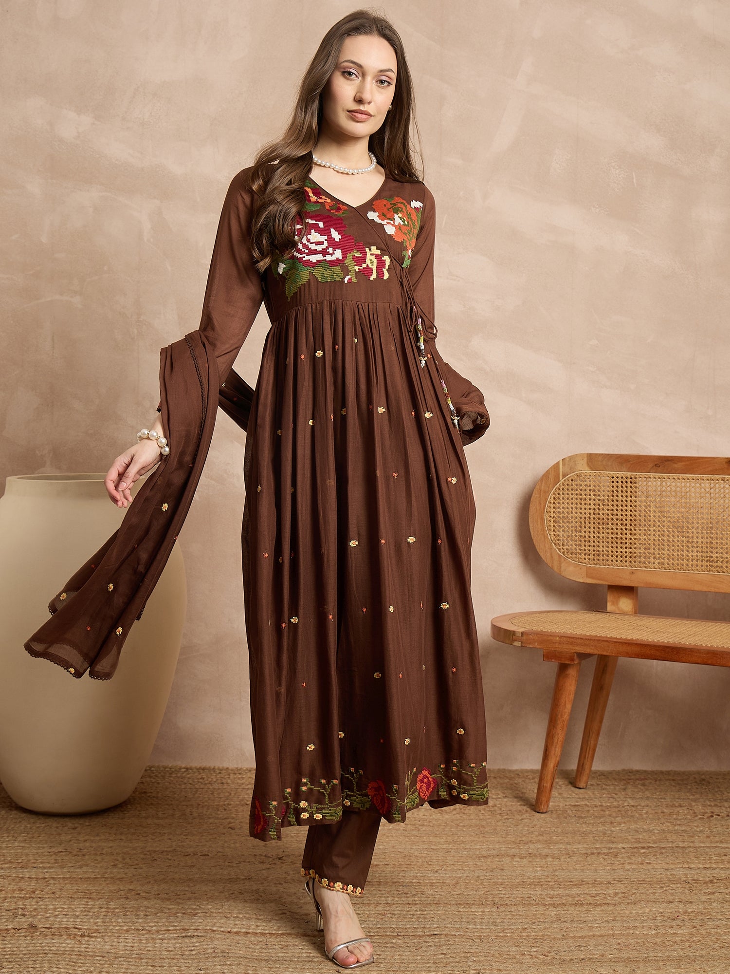 Women Floral Embroidered Angrakha Thread Work Kurta with Trousers & With Dupatta