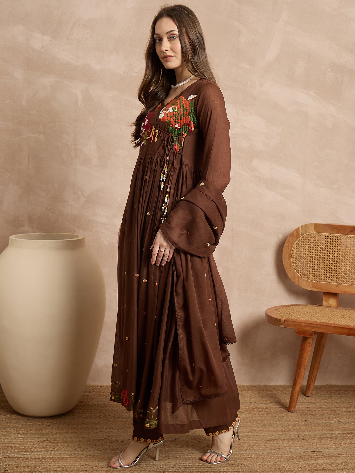 Women Floral Embroidered Angrakha Thread Work Kurta with Trousers & With Dupatta