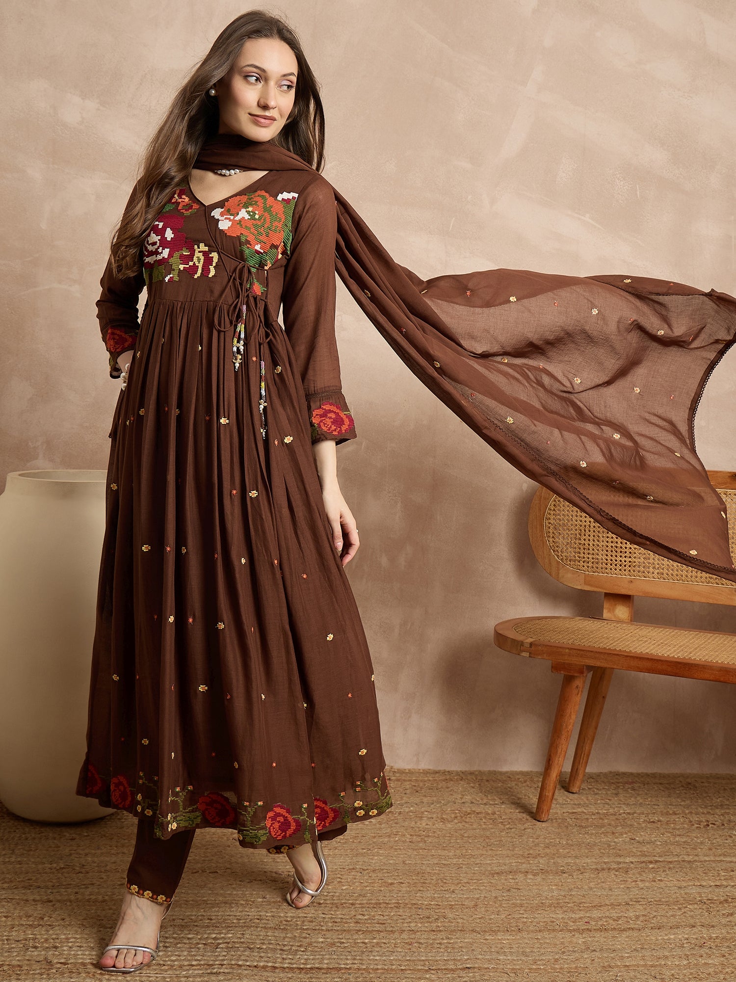 Women Floral Embroidered Angrakha Thread Work Kurta with Trousers & With Dupatta