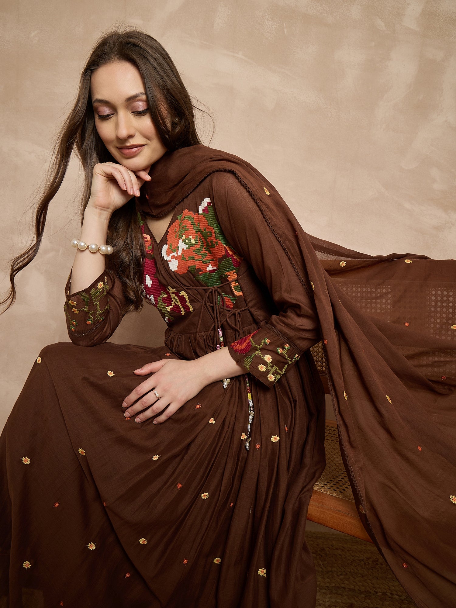 Women Floral Embroidered Angrakha Thread Work Kurta with Trousers & With Dupatta