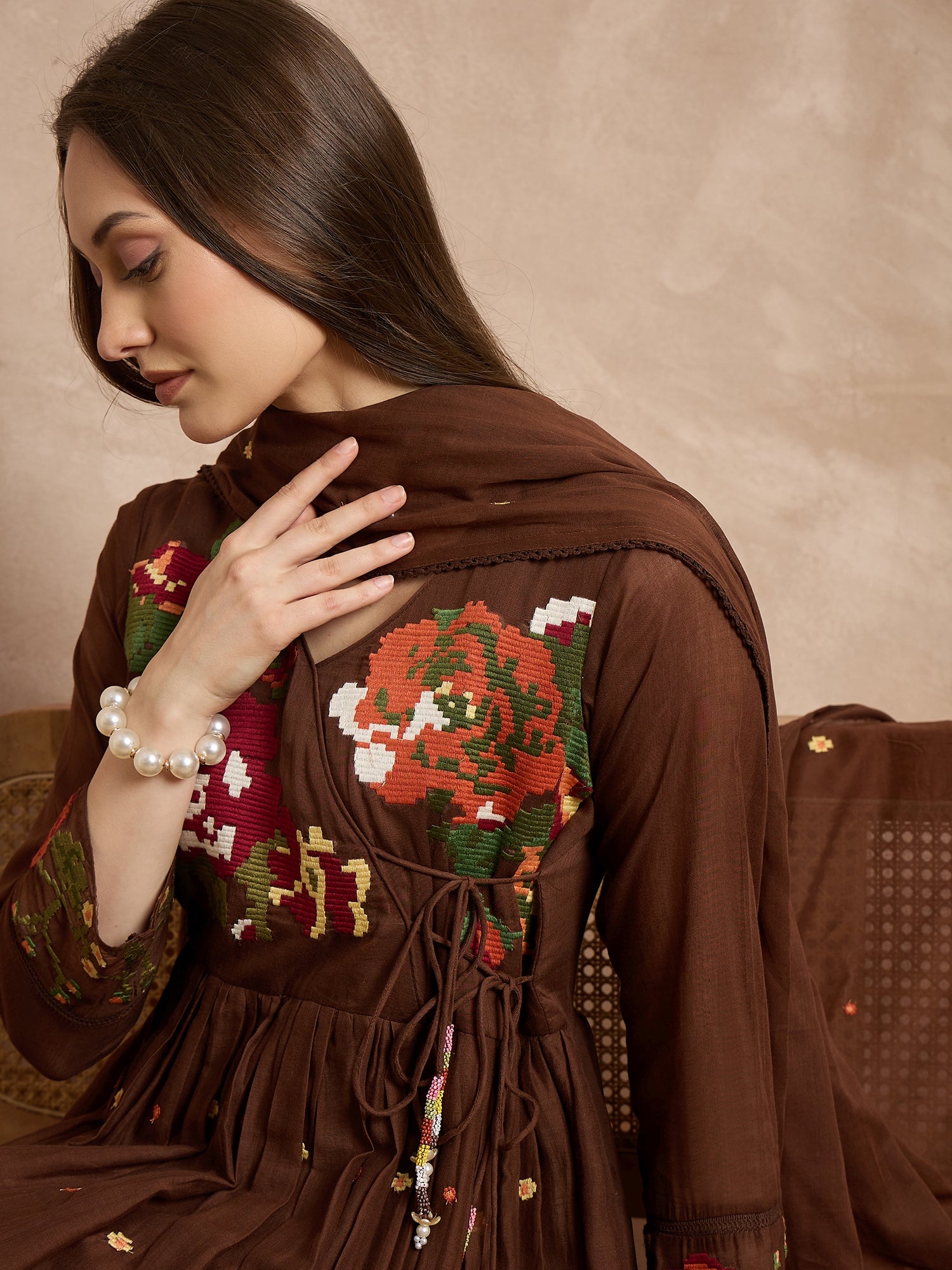 Women Floral Embroidered Angrakha Thread Work Kurta with Trousers & With Dupatta