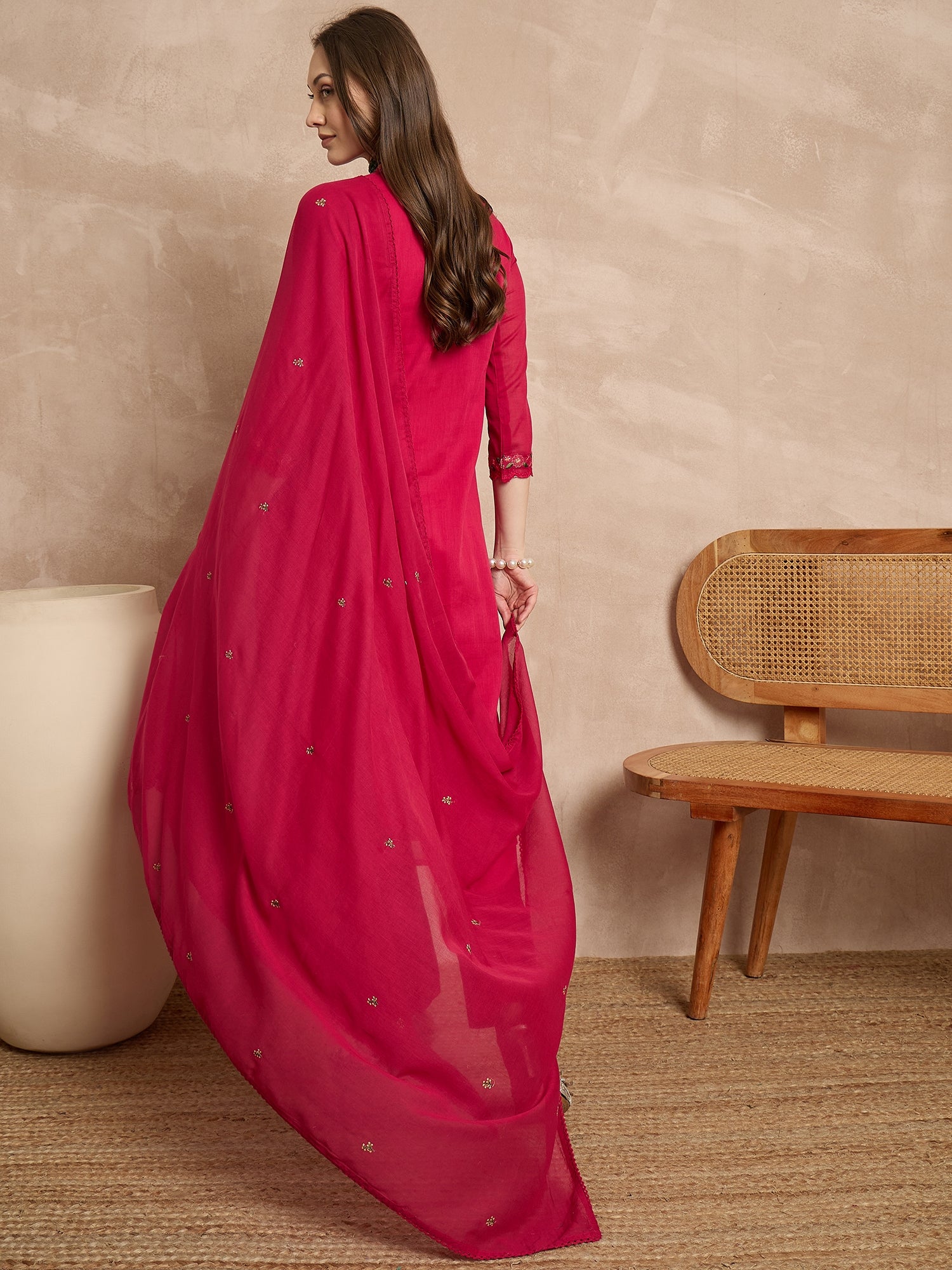 Women Ethnic Motifs Embroidered Panelled Thread Work Kurta with Trousers & With Dupatta