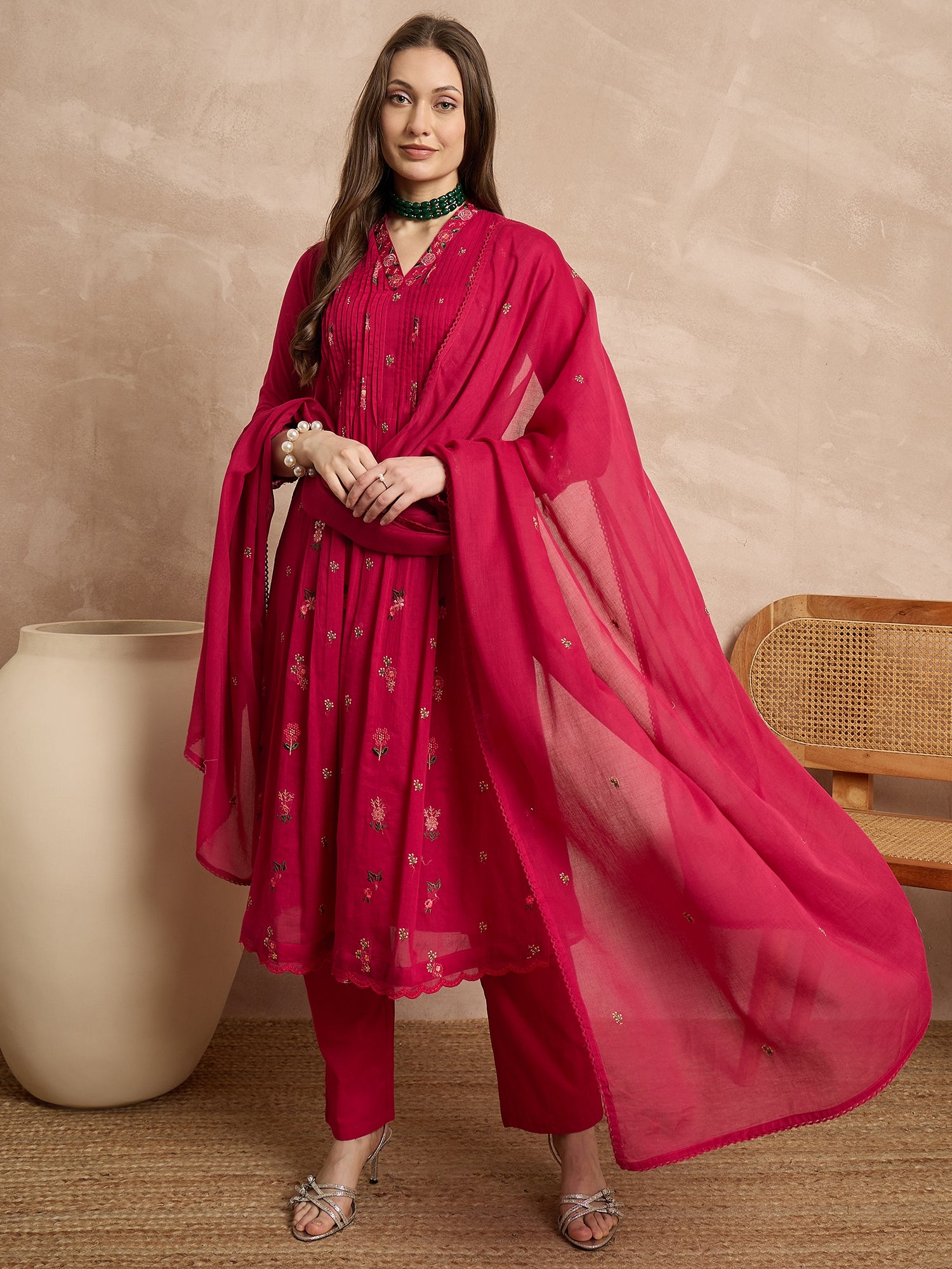 Women Ethnic Motifs Embroidered Panelled Thread Work Kurta with Trousers & With Dupatta