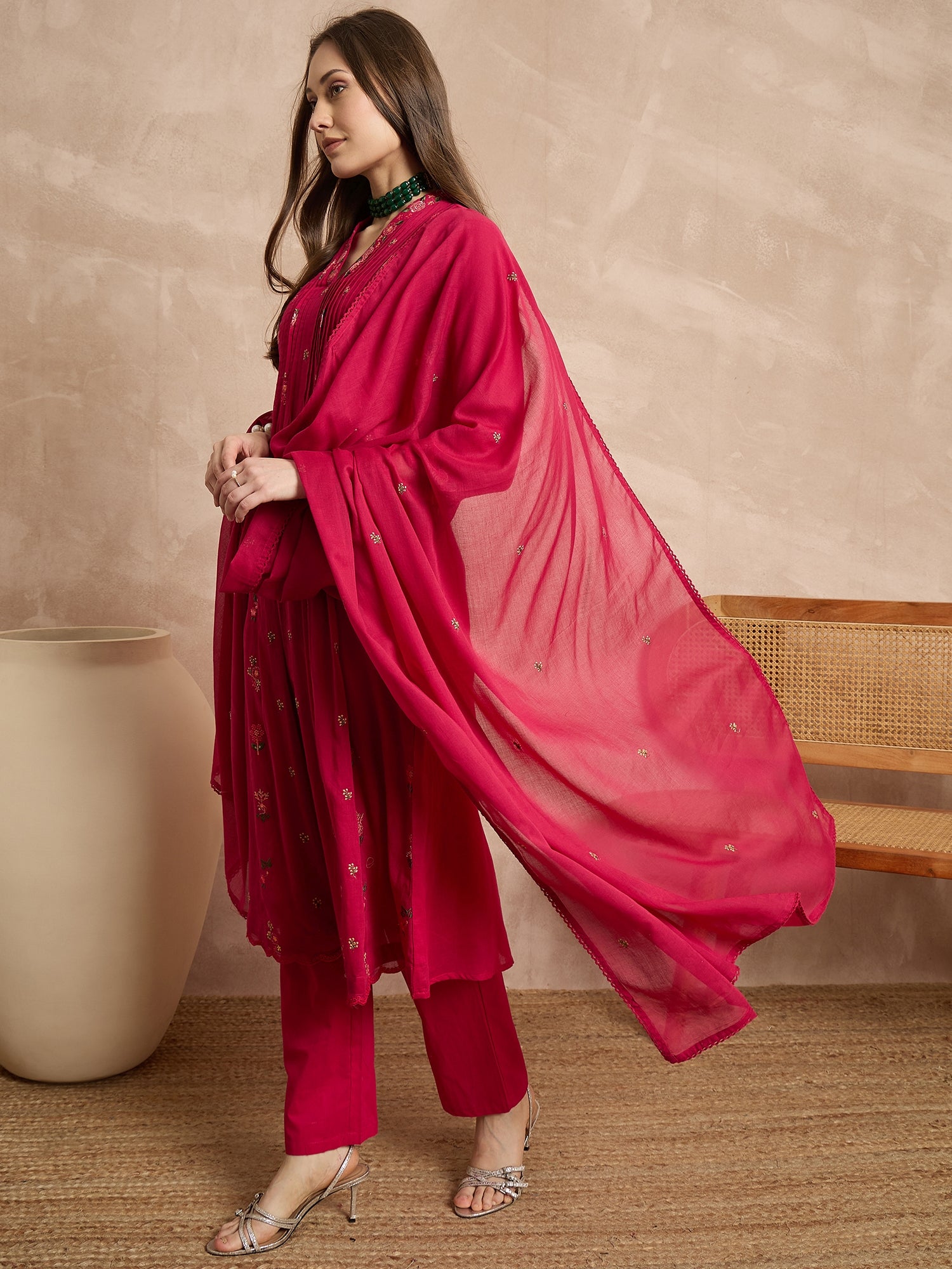 Women Ethnic Motifs Embroidered Panelled Thread Work Kurta with Trousers & With Dupatta