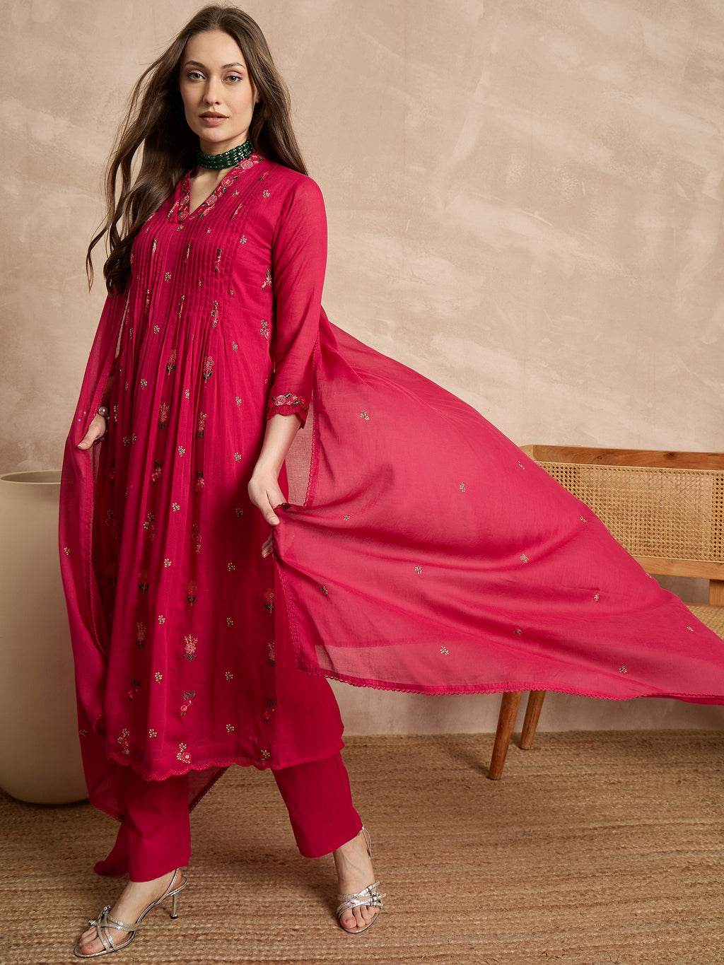 Women Ethnic Motifs Embroidered Panelled Thread Work Kurta with Trousers & With Dupatta