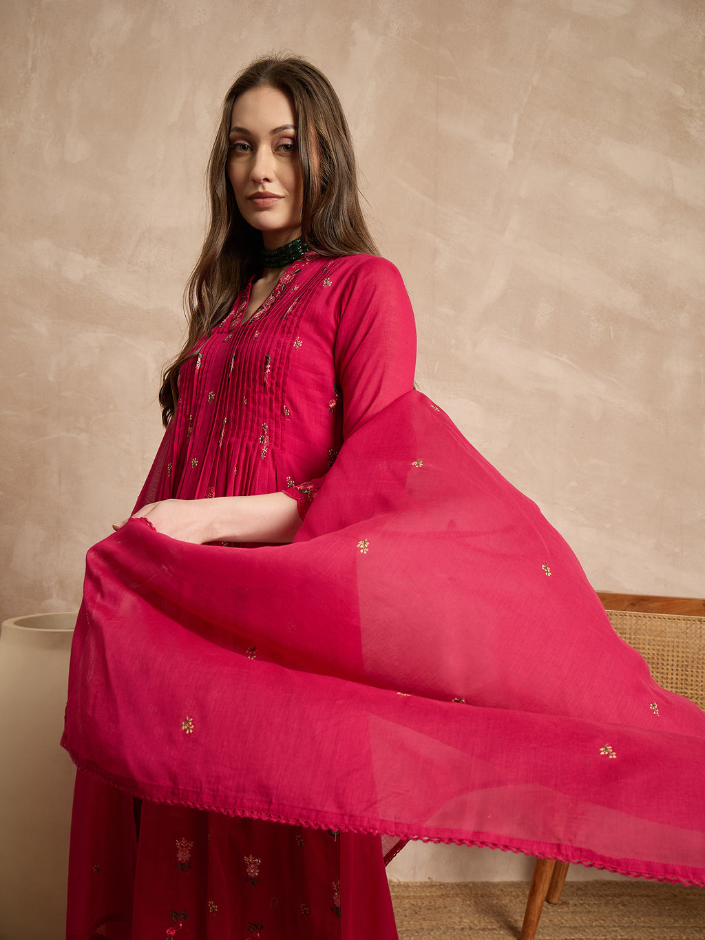 Women Ethnic Motifs Embroidered Panelled Thread Work Kurta with Trousers & With Dupatta