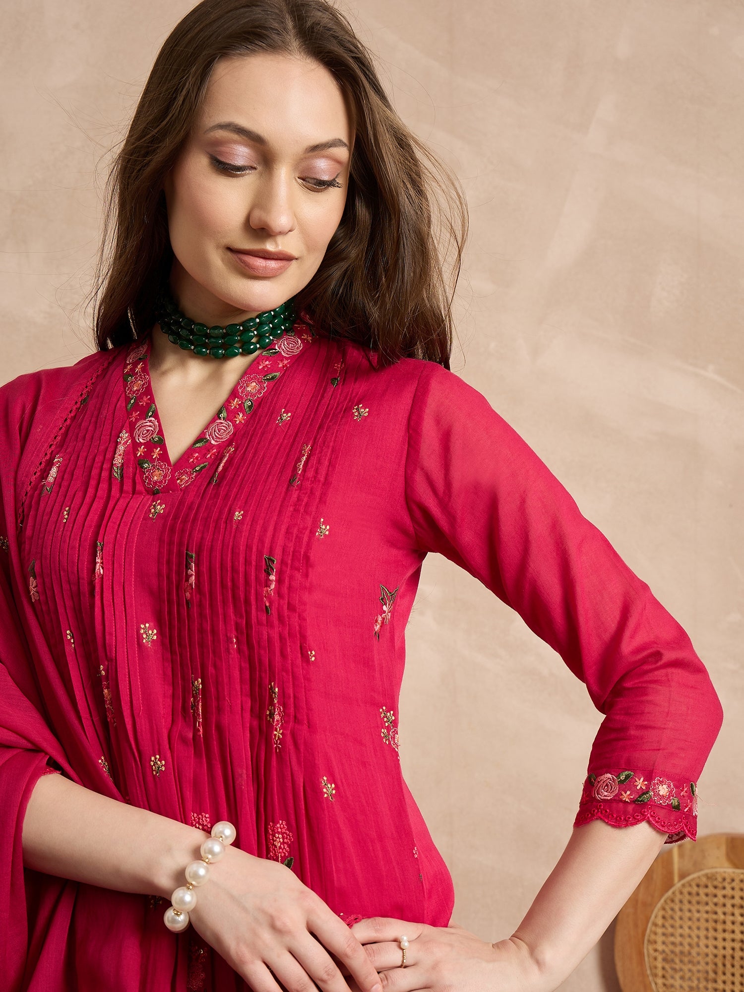 Women Ethnic Motifs Embroidered Panelled Thread Work Kurta with Trousers & With Dupatta