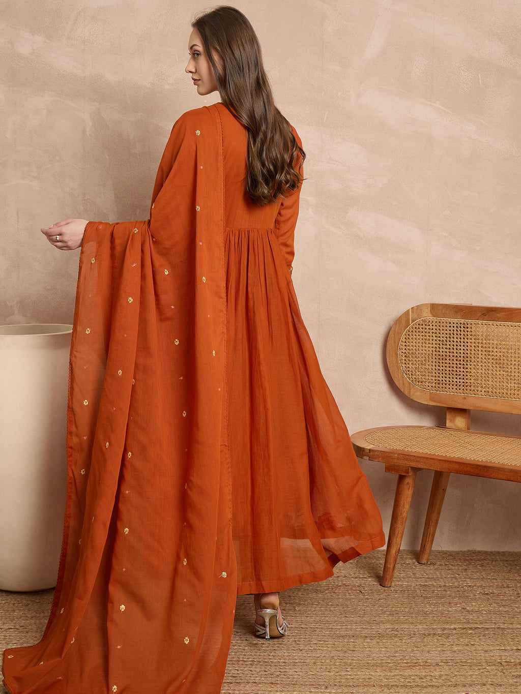 Women Floral Embroidered Angrakha Thread Work Kurta with Trousers & With Dupatta
