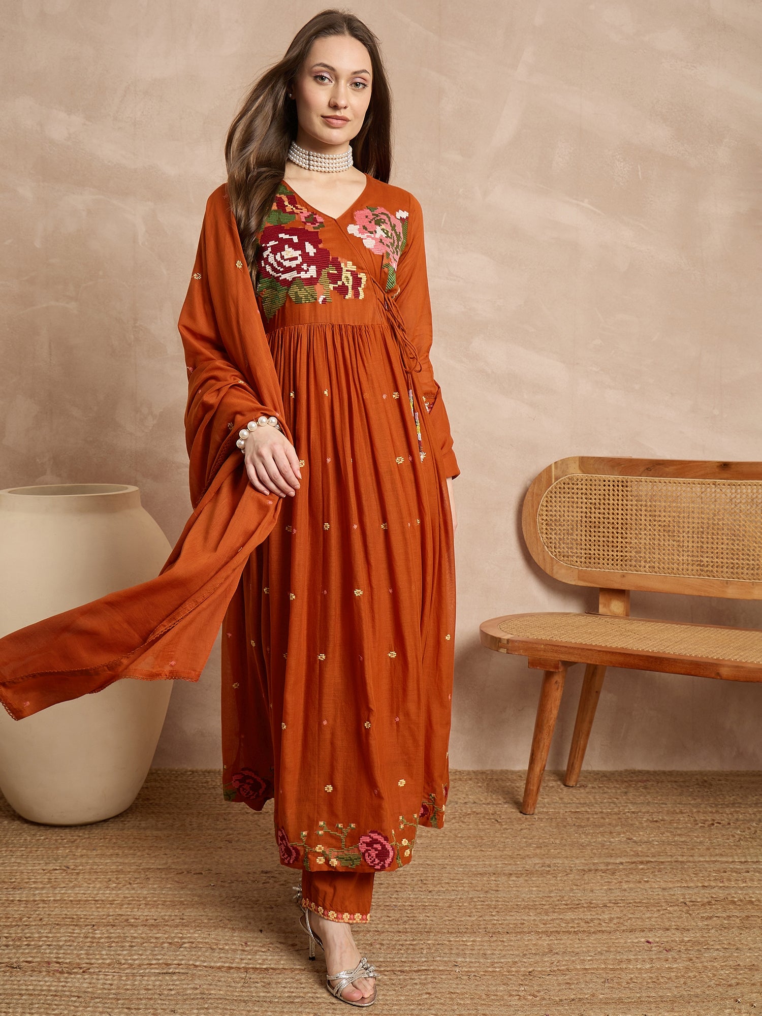 Women Floral Embroidered Angrakha Thread Work Kurta with Trousers & With Dupatta