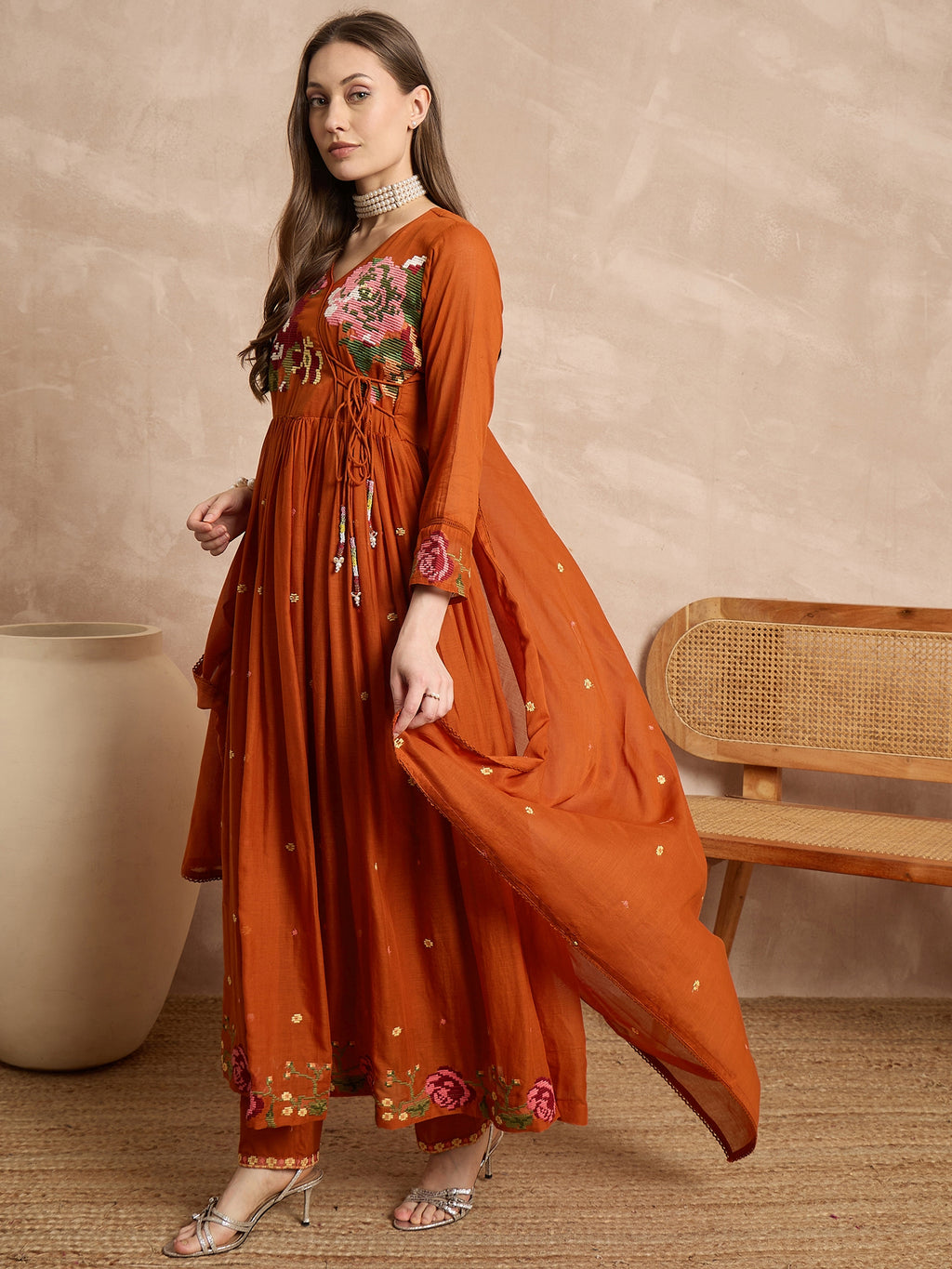 Women Floral Embroidered Angrakha Thread Work Kurta with Trousers & With Dupatta