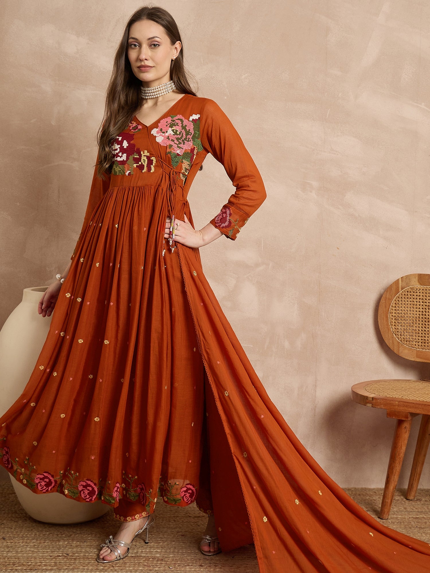 Women Floral Embroidered Angrakha Thread Work Kurta with Trousers & With Dupatta