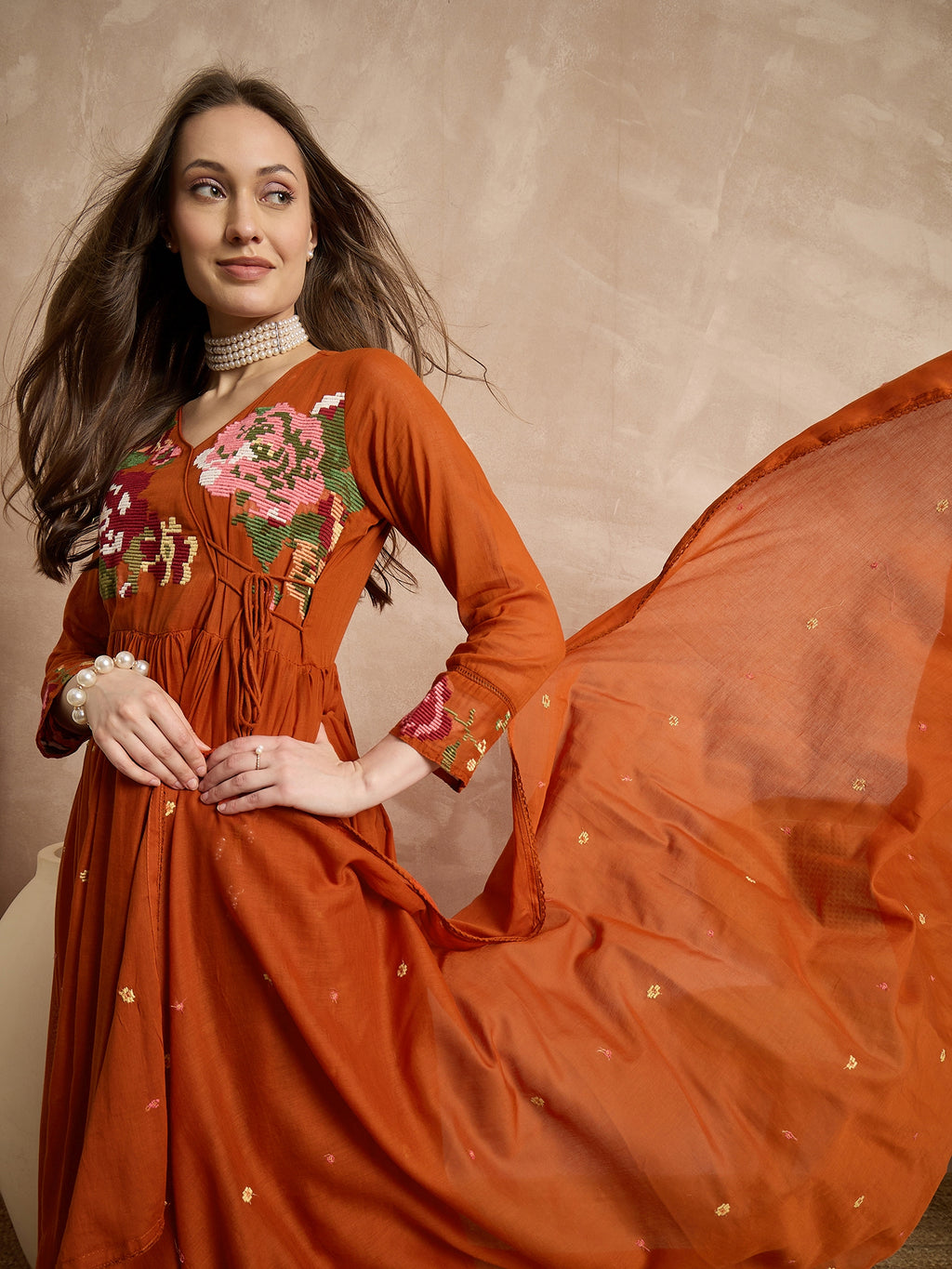 Women Floral Embroidered Angrakha Thread Work Kurta with Trousers & With Dupatta