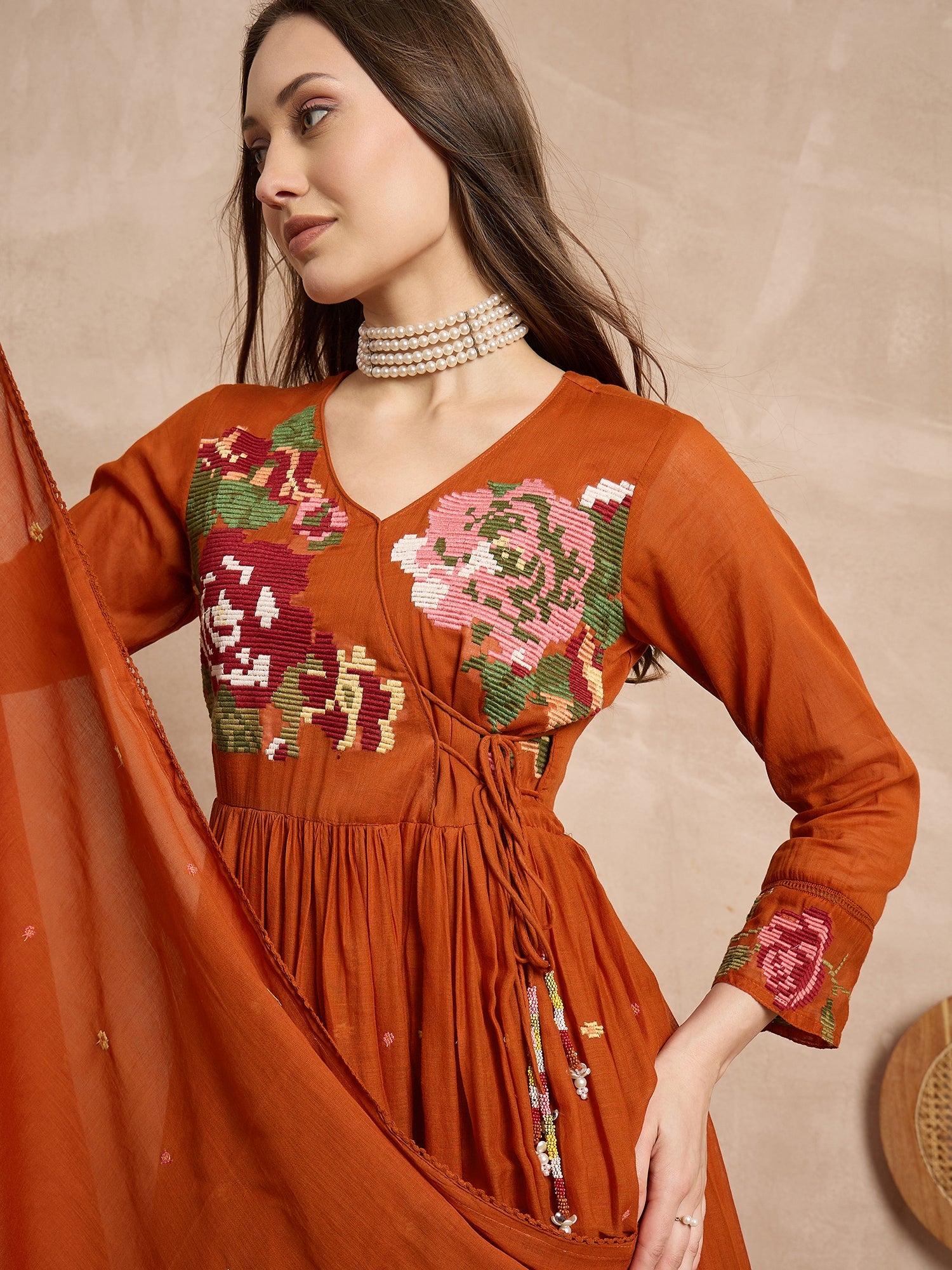 Women Floral Embroidered Angrakha Thread Work Kurta with Trousers & With Dupatta