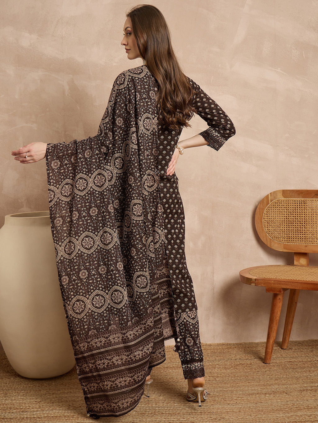 Women Ethnic Motifs Printed Regular Thread Work Pure Cotton Kurta with Trousers & With Dupatta