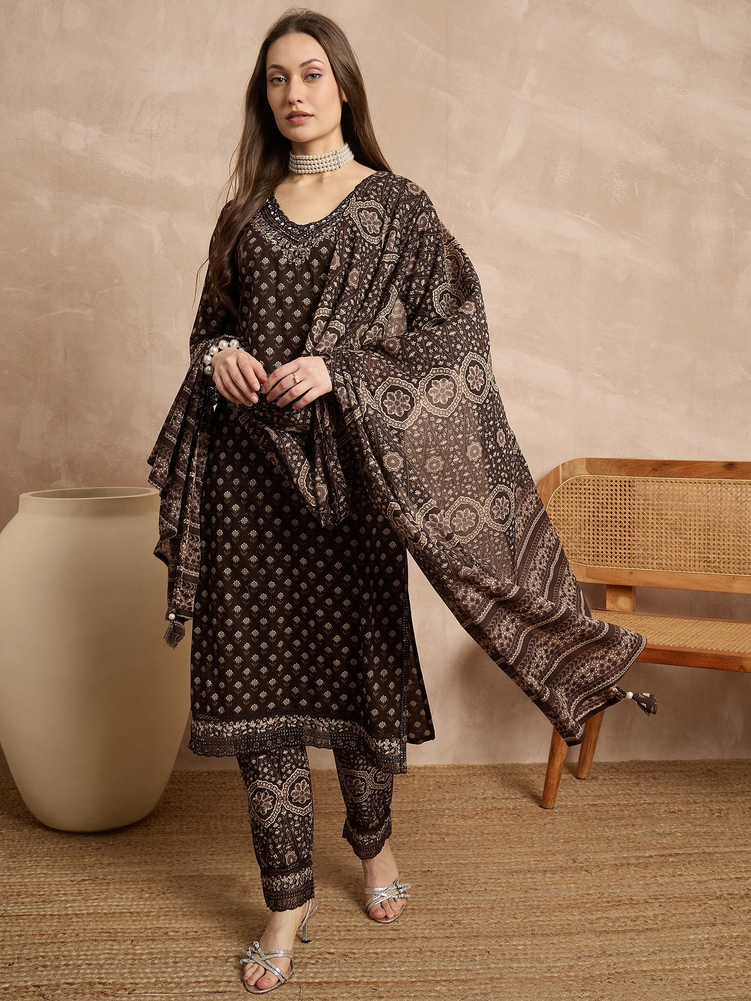 Women Ethnic Motifs Printed Regular Thread Work Pure Cotton Kurta with Trousers & With Dupatta
