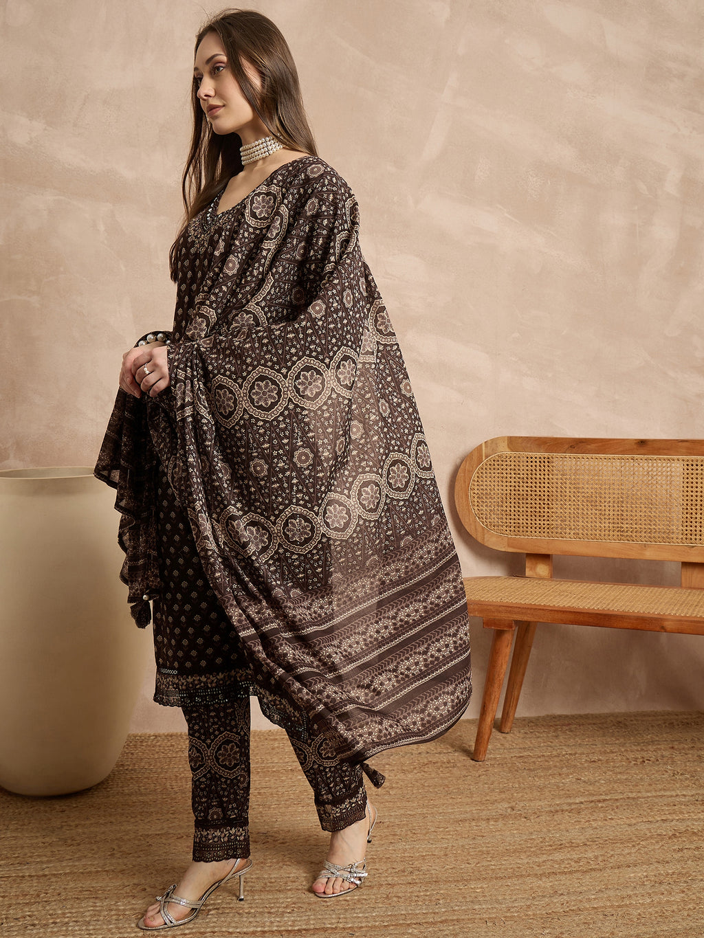 Women Ethnic Motifs Printed Regular Thread Work Pure Cotton Kurta with Trousers & With Dupatta