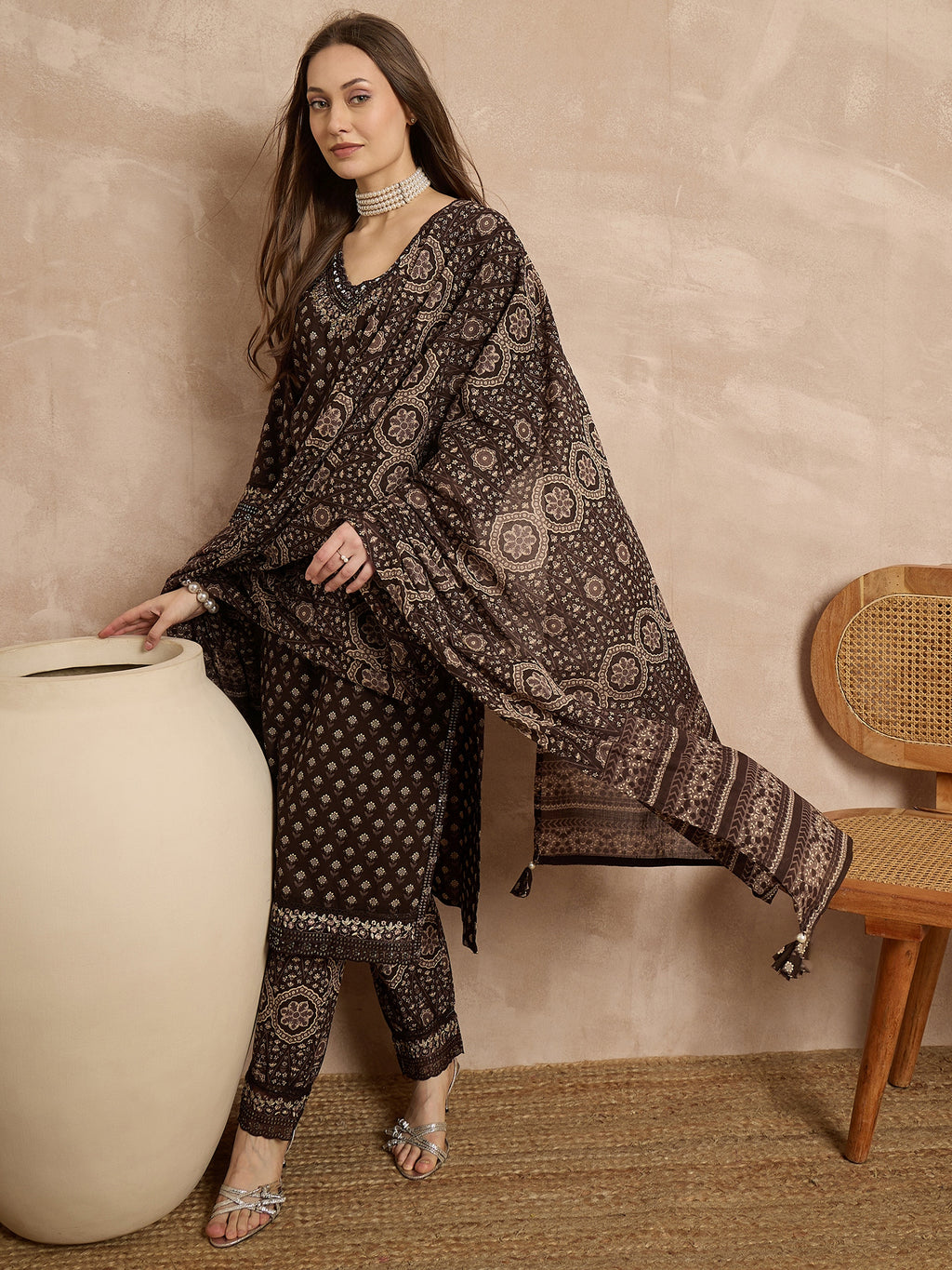 Women Ethnic Motifs Printed Regular Thread Work Pure Cotton Kurta with Trousers & With Dupatta