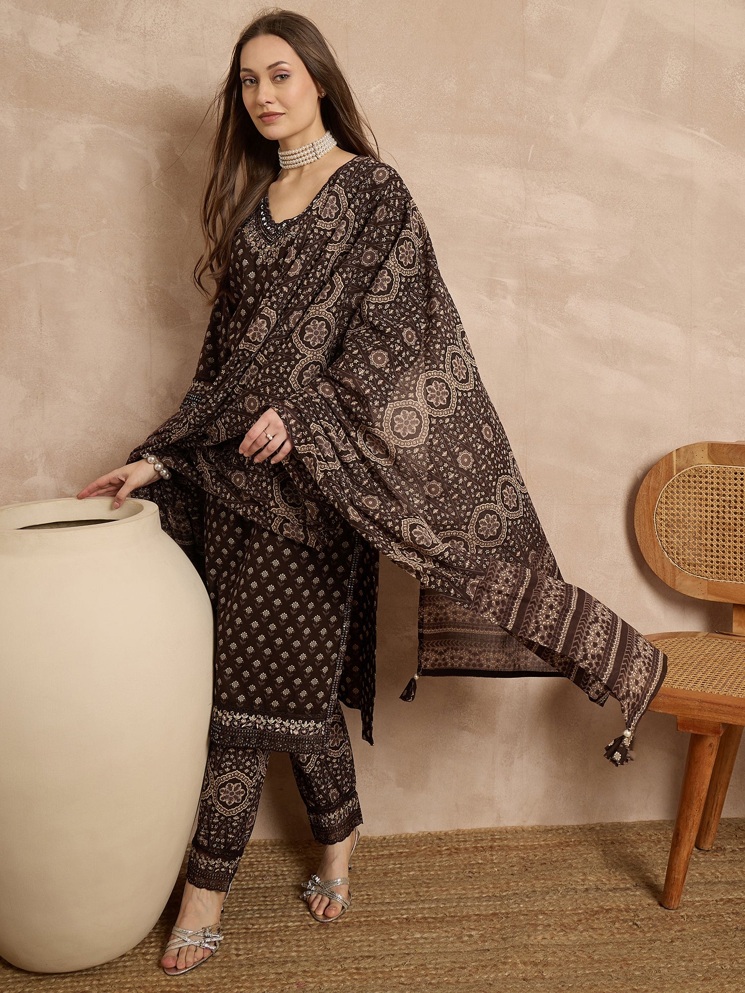 Women Ethnic Motifs Printed Regular Thread Work Pure Cotton Kurta with Trousers & With Dupatta