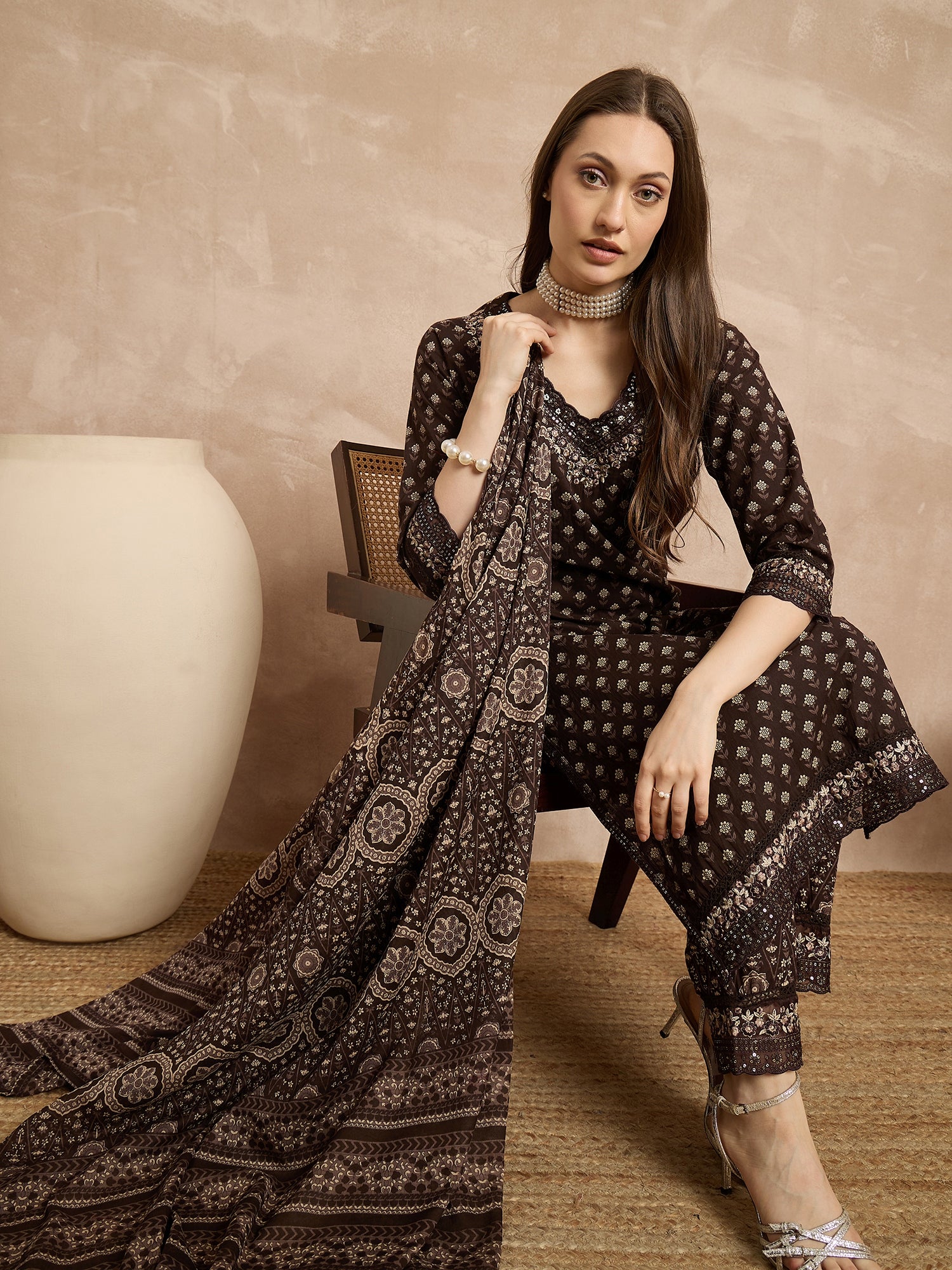 Women Ethnic Motifs Printed Regular Thread Work Pure Cotton Kurta with Trousers & With Dupatta
