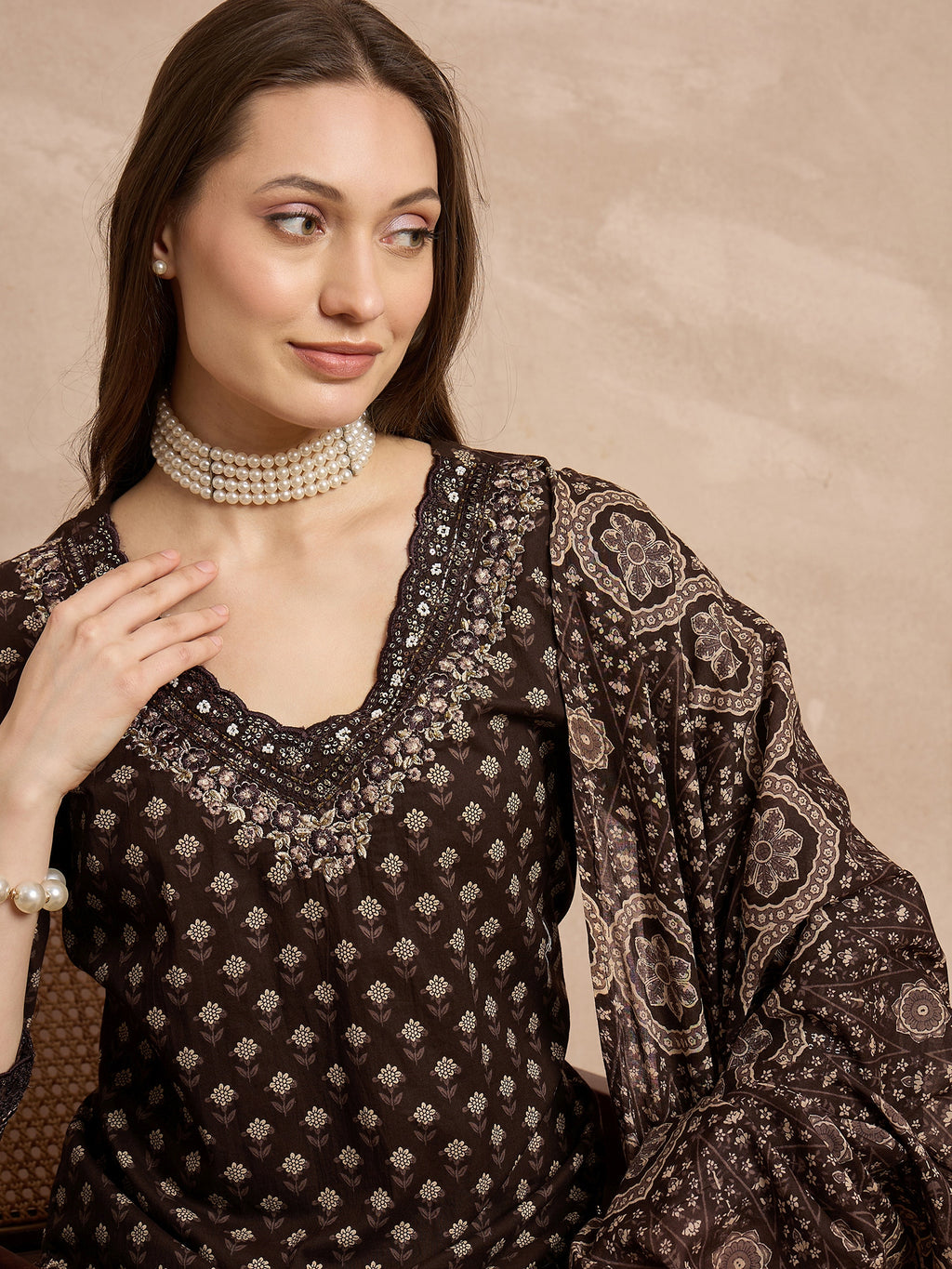 Women Ethnic Motifs Printed Regular Thread Work Pure Cotton Kurta with Trousers & With Dupatta