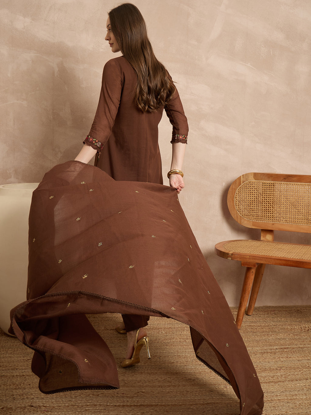 Women Motifs Embroidered Pleated Thread Work Kurta with Trousers & With Dupatta