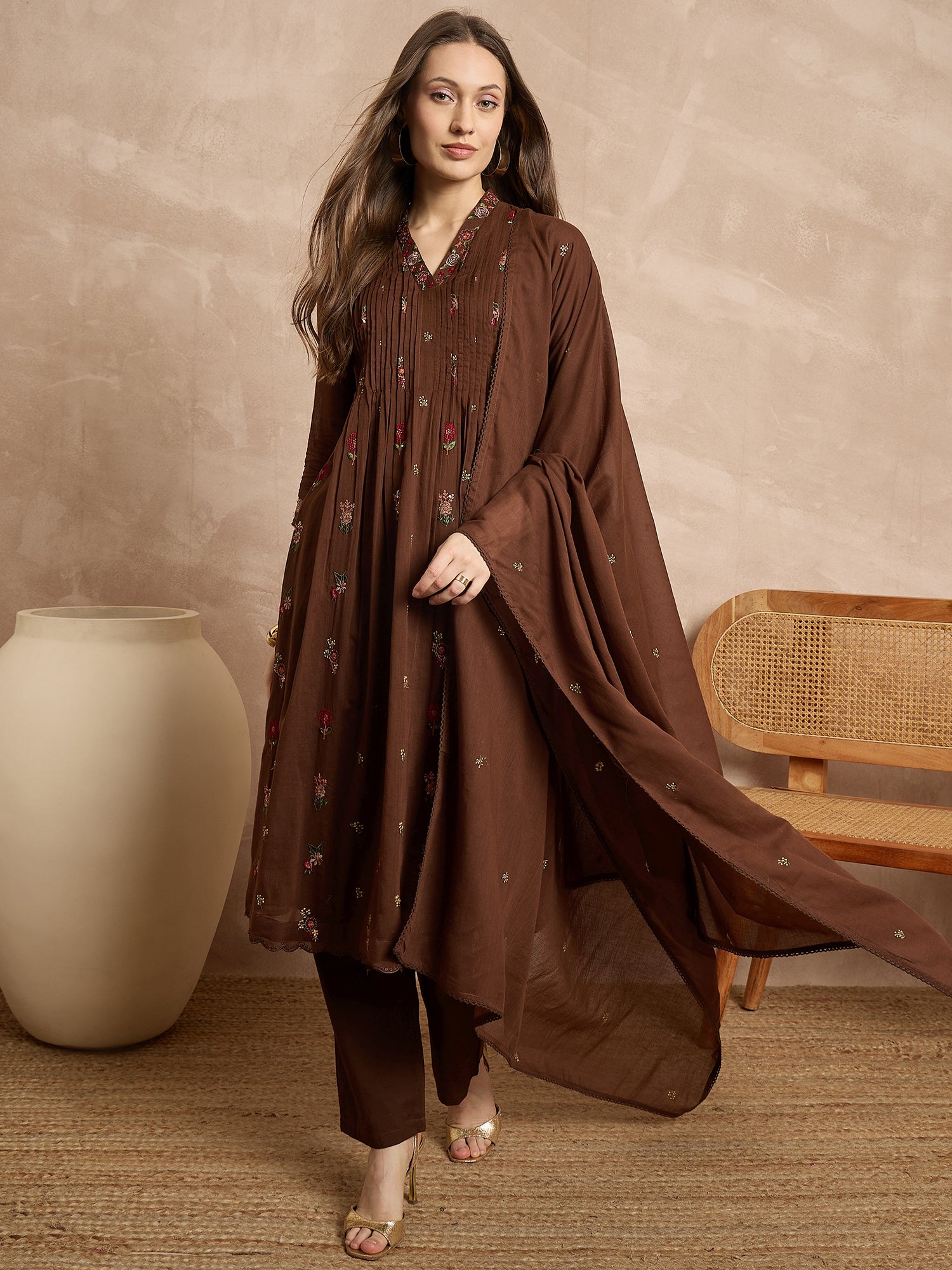 Women Motifs Embroidered Pleated Thread Work Kurta with Trousers & With Dupatta