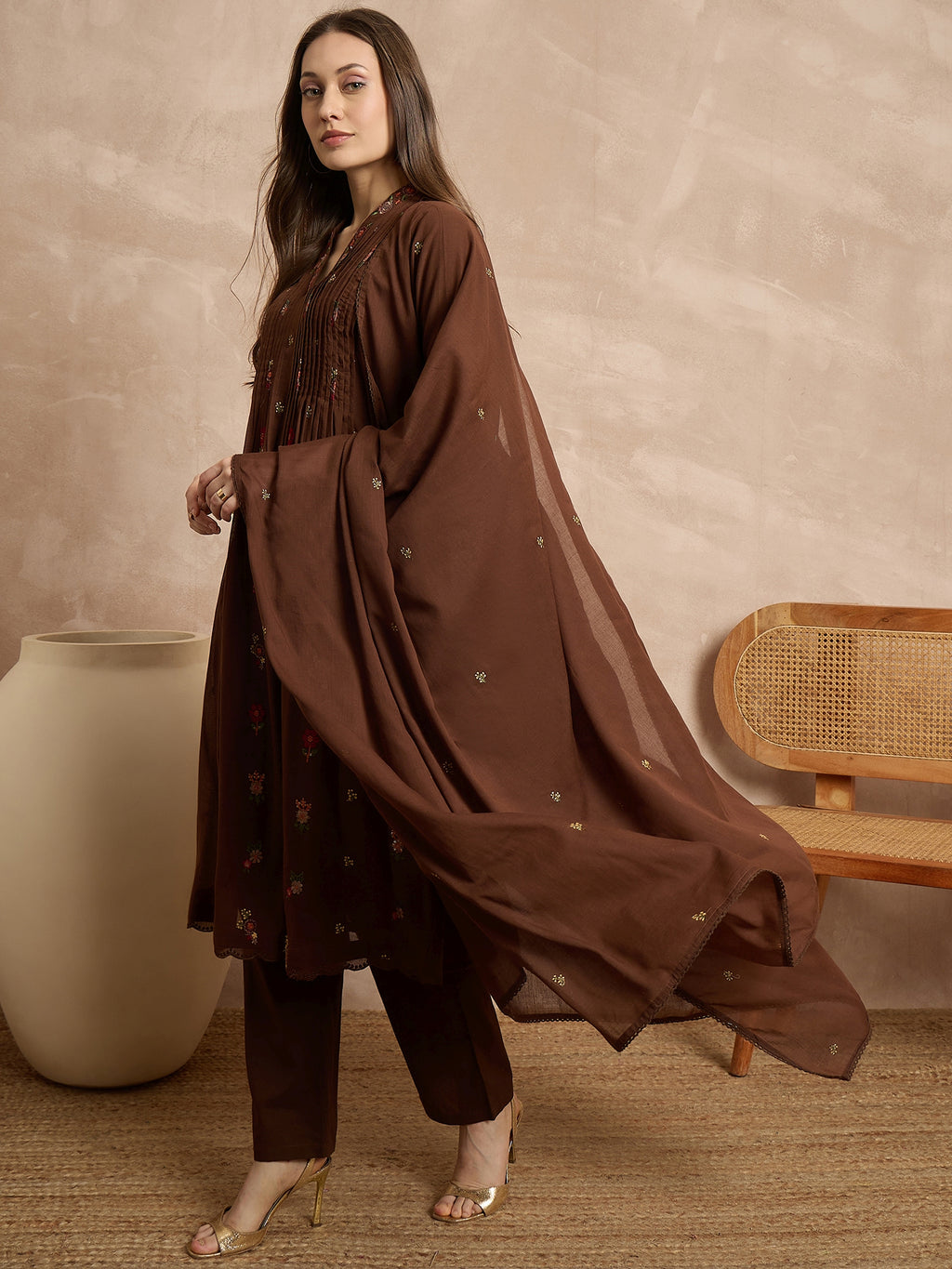 Women Motifs Embroidered Pleated Thread Work Kurta with Trousers & With Dupatta
