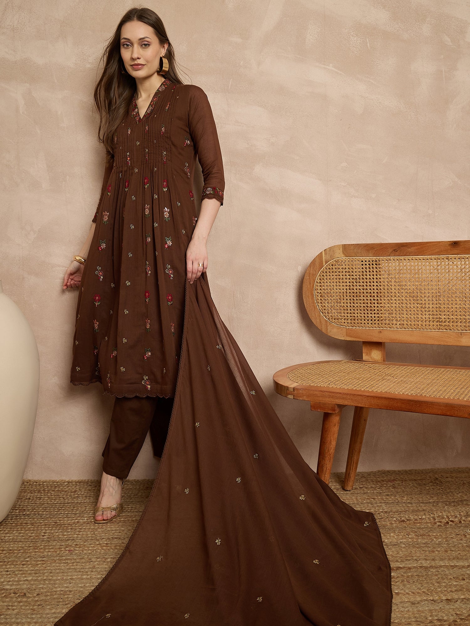 Women Motifs Embroidered Pleated Thread Work Kurta with Trousers & With Dupatta