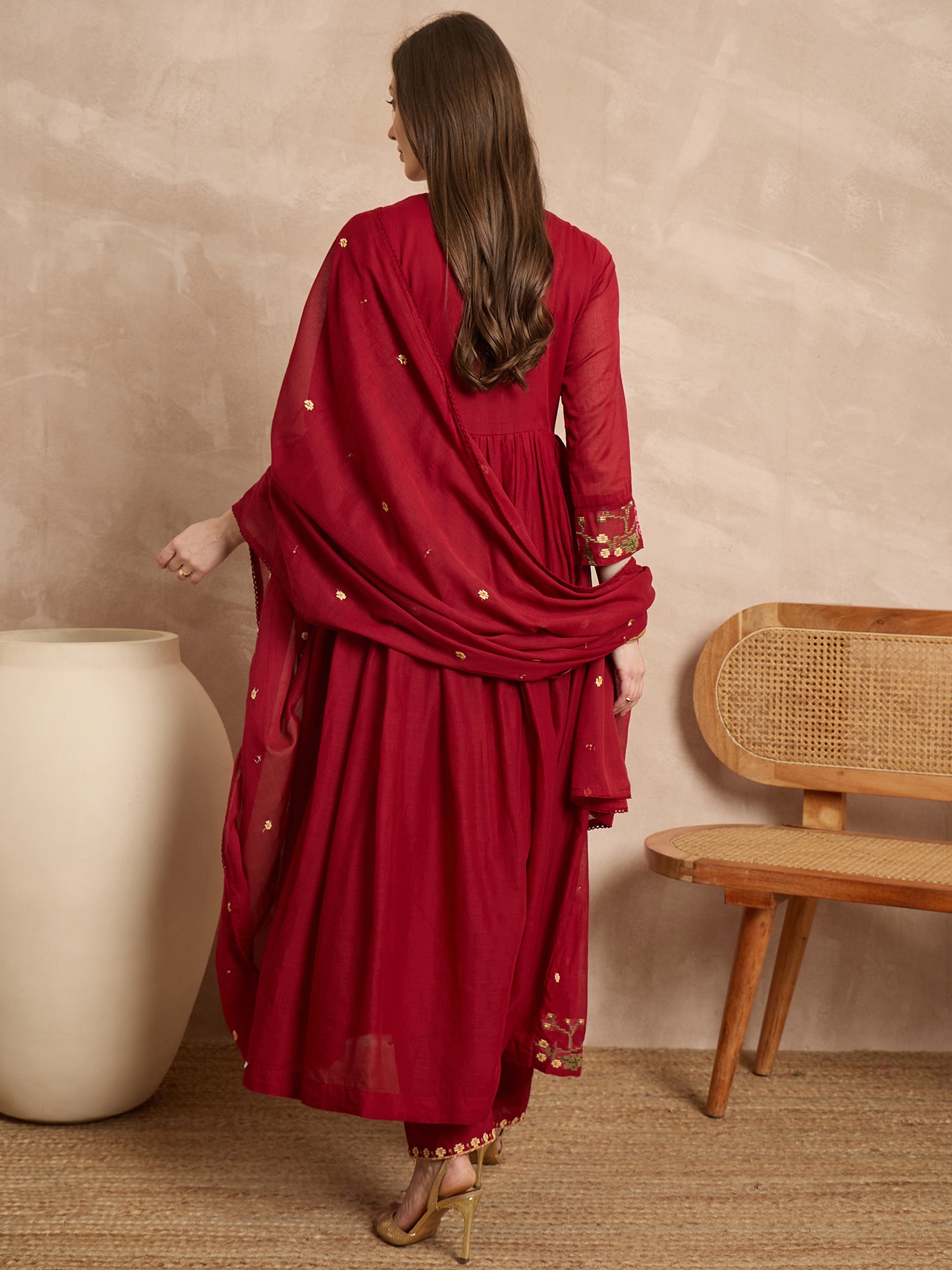 Women Floral Embroidered Angrakha Thread Work Kurta with Trousers & With Dupatta