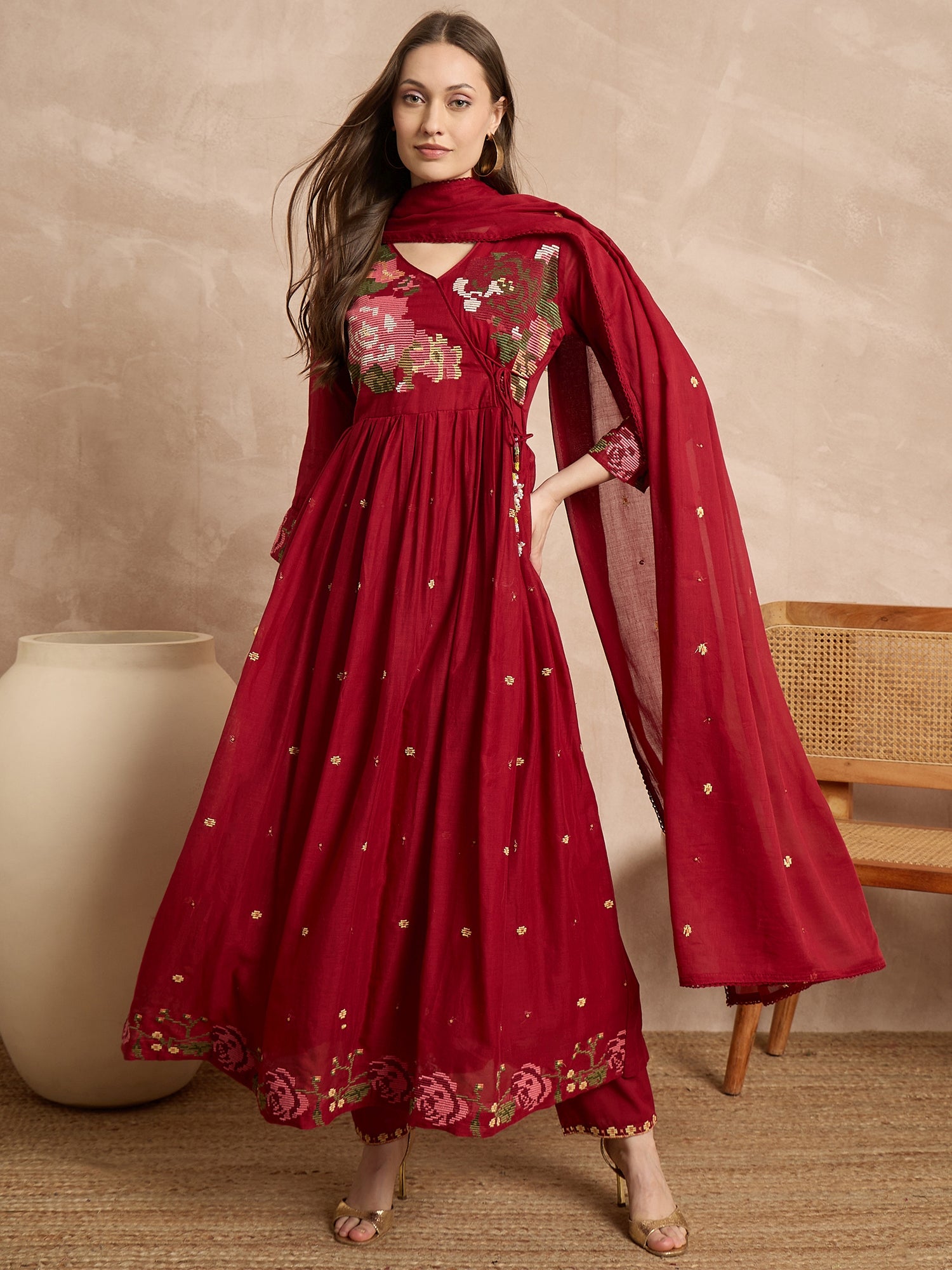 Women Floral Embroidered Angrakha Thread Work Kurta with Trousers & With Dupatta
