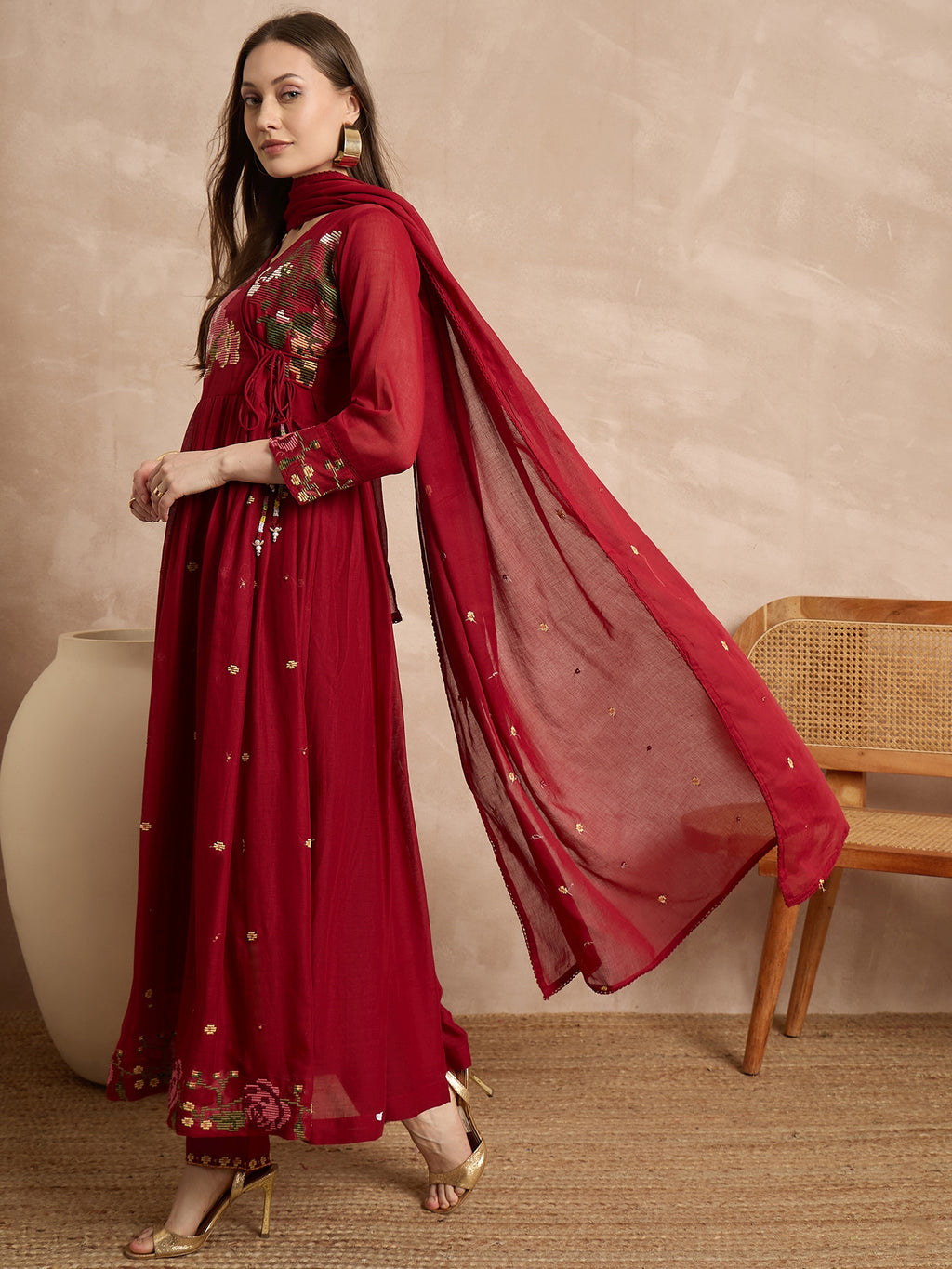 Women Floral Embroidered Angrakha Thread Work Kurta with Trousers & With Dupatta