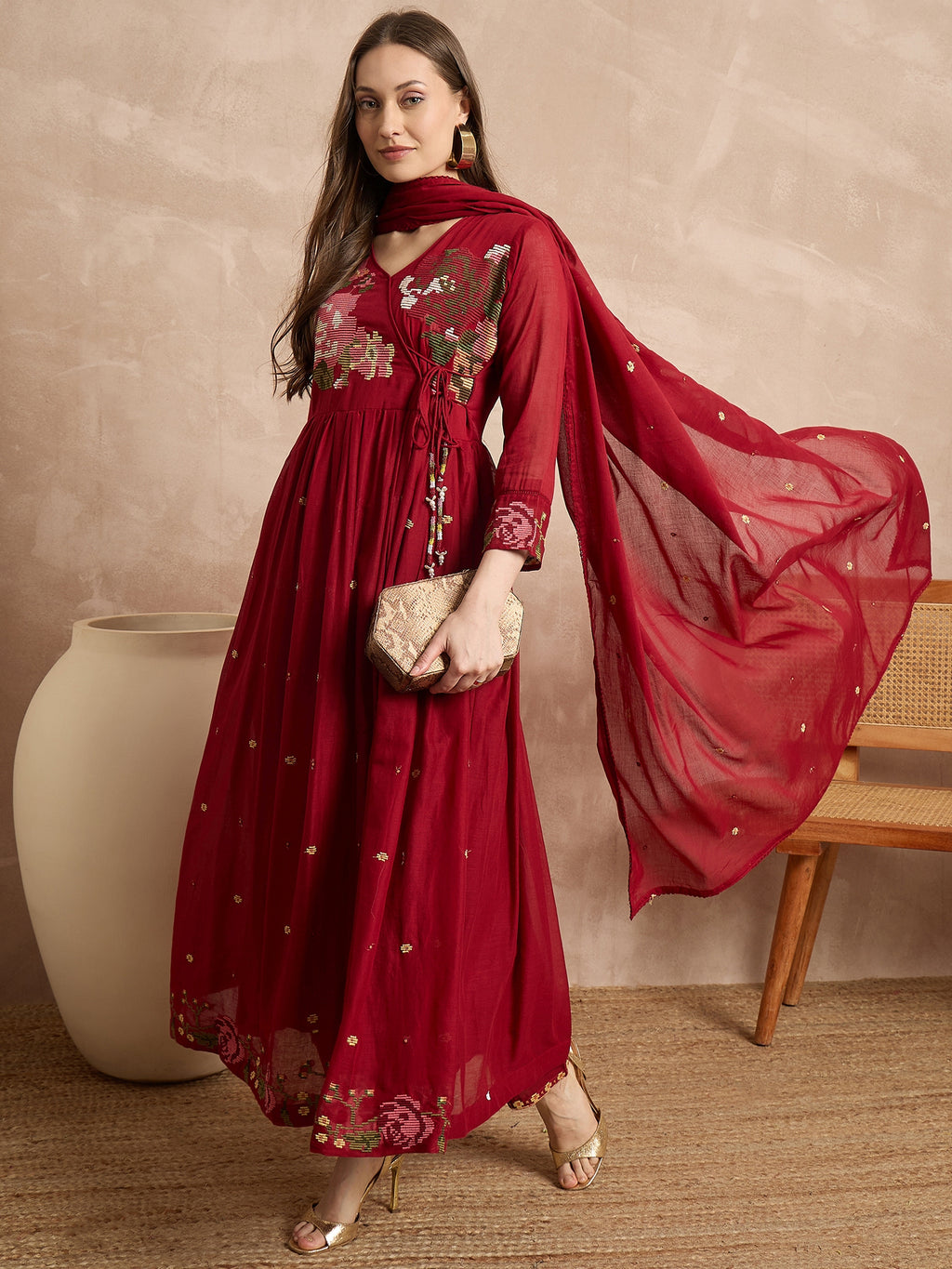 Women Floral Embroidered Angrakha Thread Work Kurta with Trousers & With Dupatta