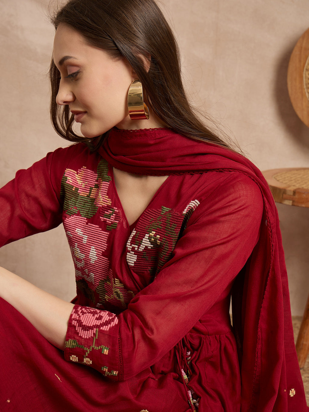 Women Floral Embroidered Angrakha Thread Work Kurta with Trousers & With Dupatta