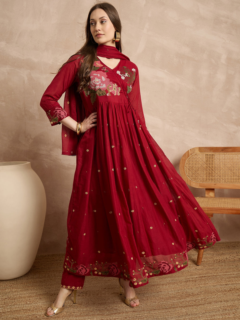 Women Floral Embroidered Angrakha Thread Work Kurta with Trousers & With Dupatta