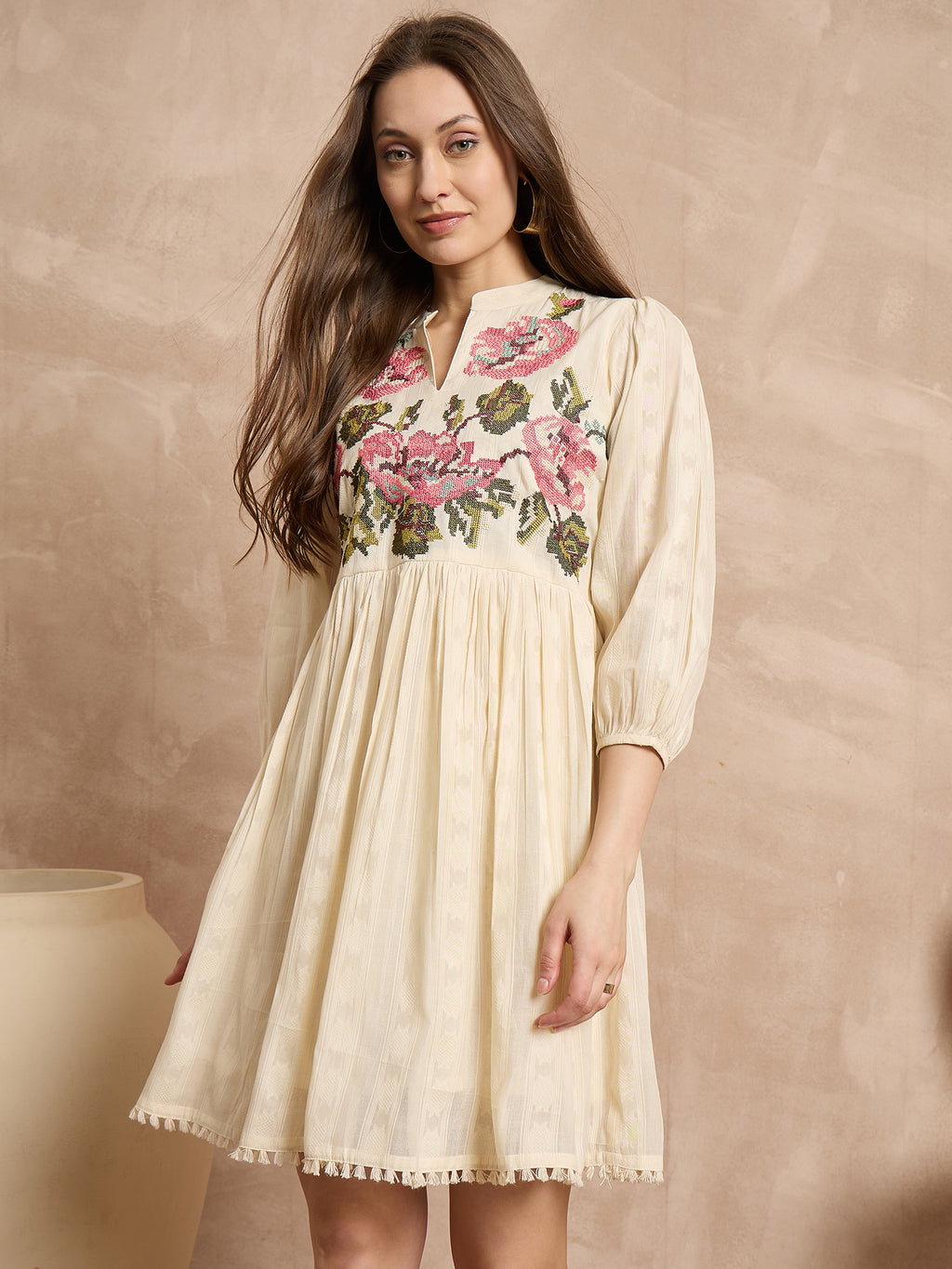 Floral Embroidered Puff Sleeve A-Line Dress