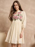 Floral Embroidered Puff Sleeve A-Line Dress