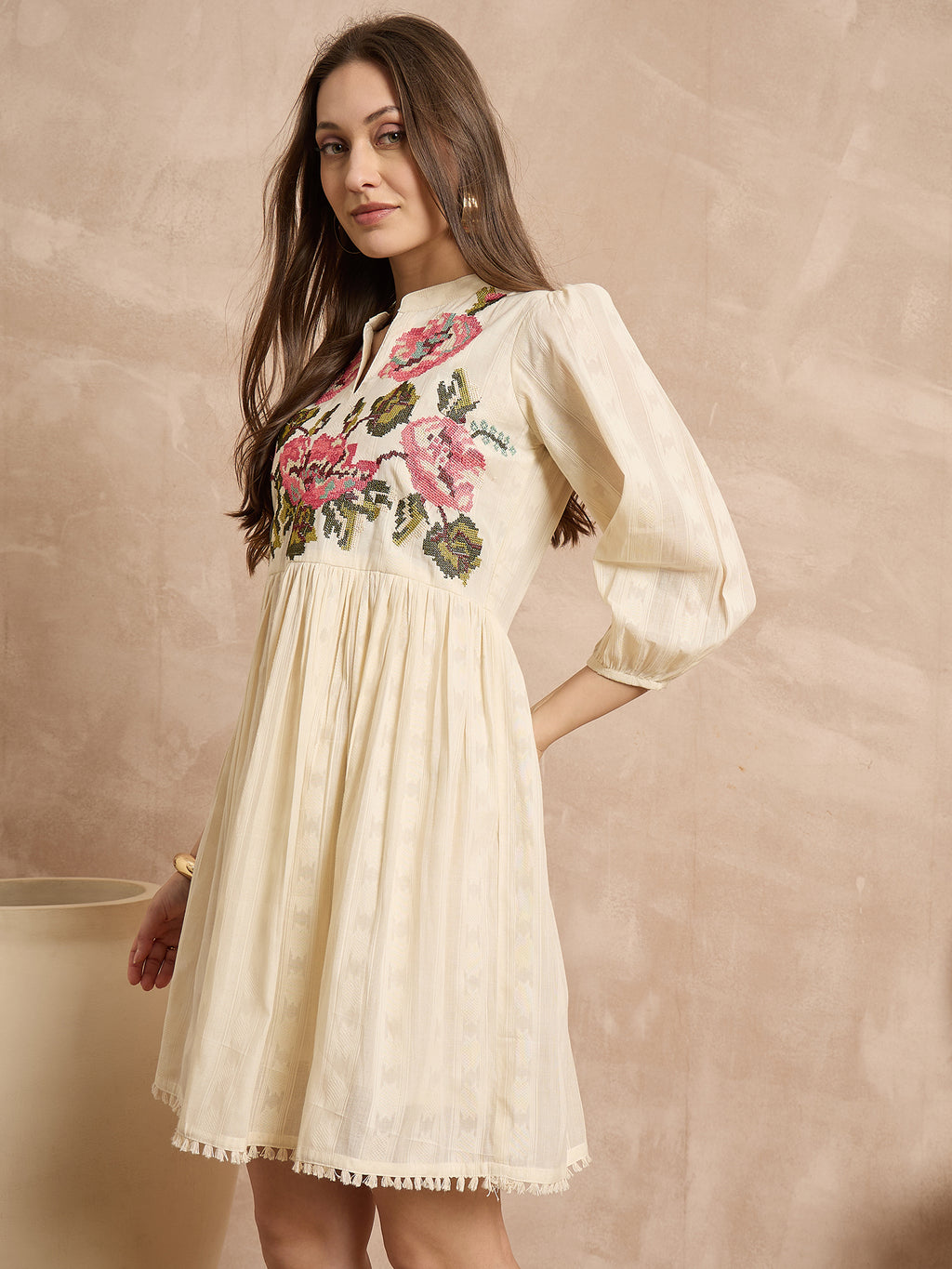 Floral Embroidered Puff Sleeve A-Line Dress