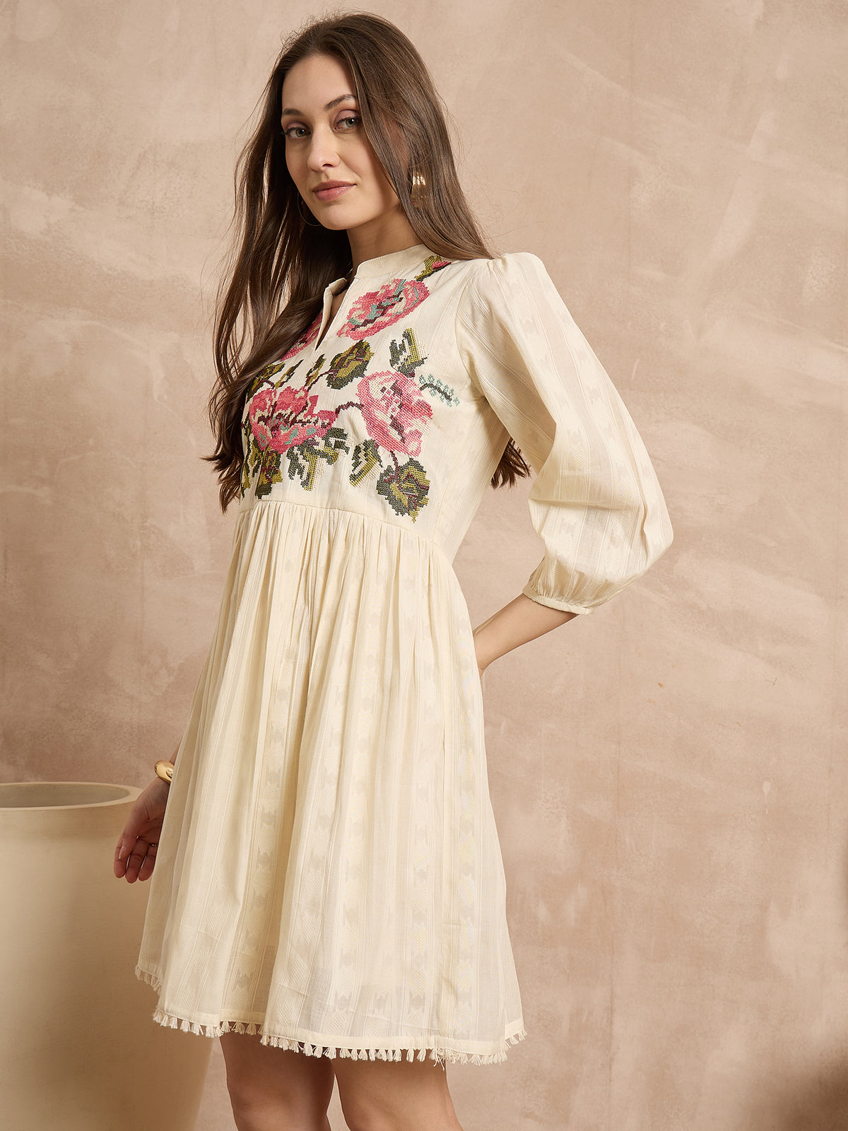 Floral Embroidered Puff Sleeve A-Line Dress