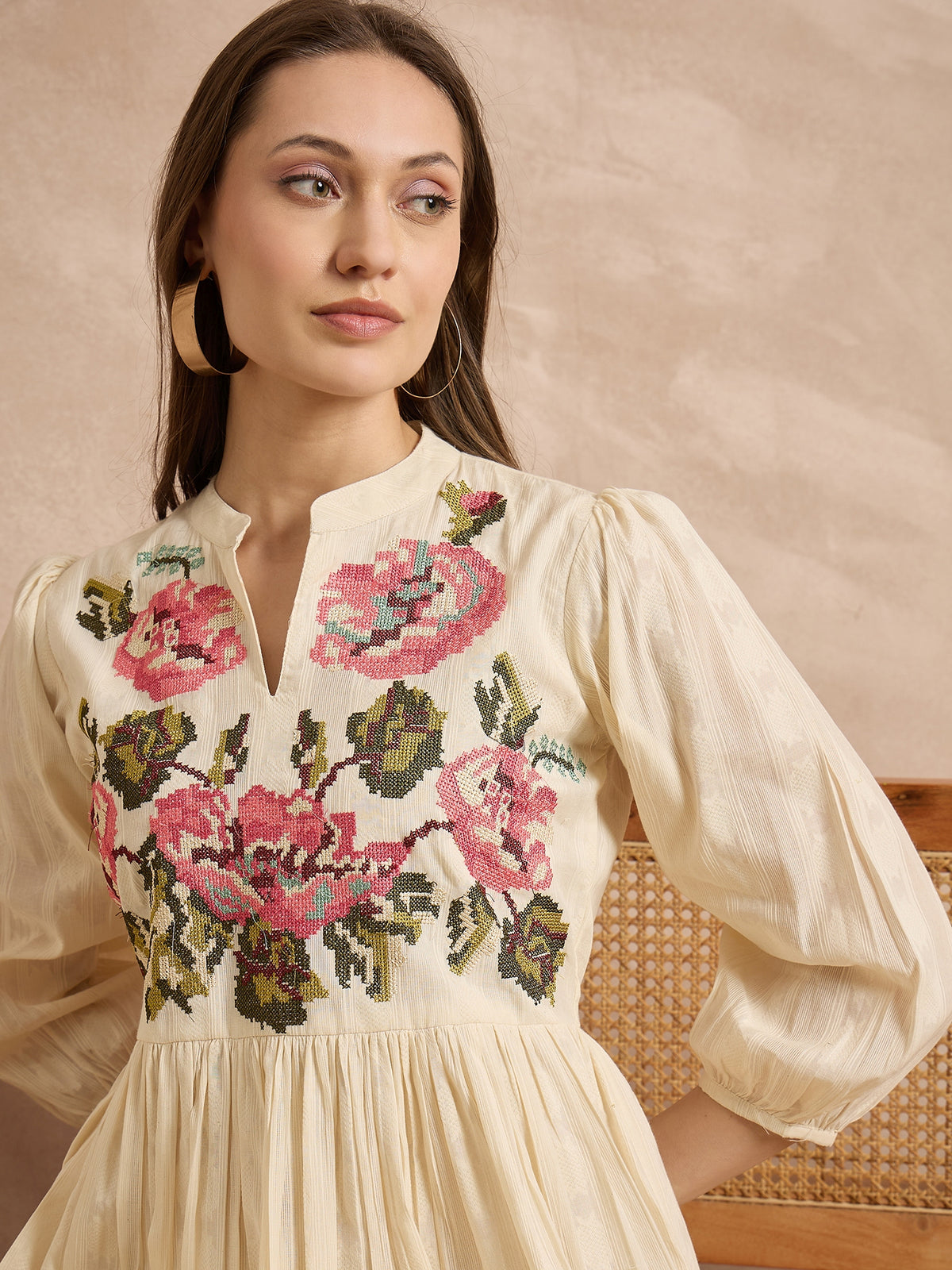 Floral Embroidered Puff Sleeve A-Line Dress