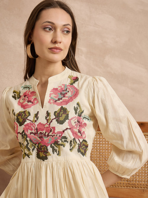 Floral Embroidered Puff Sleeve A-Line Dress
