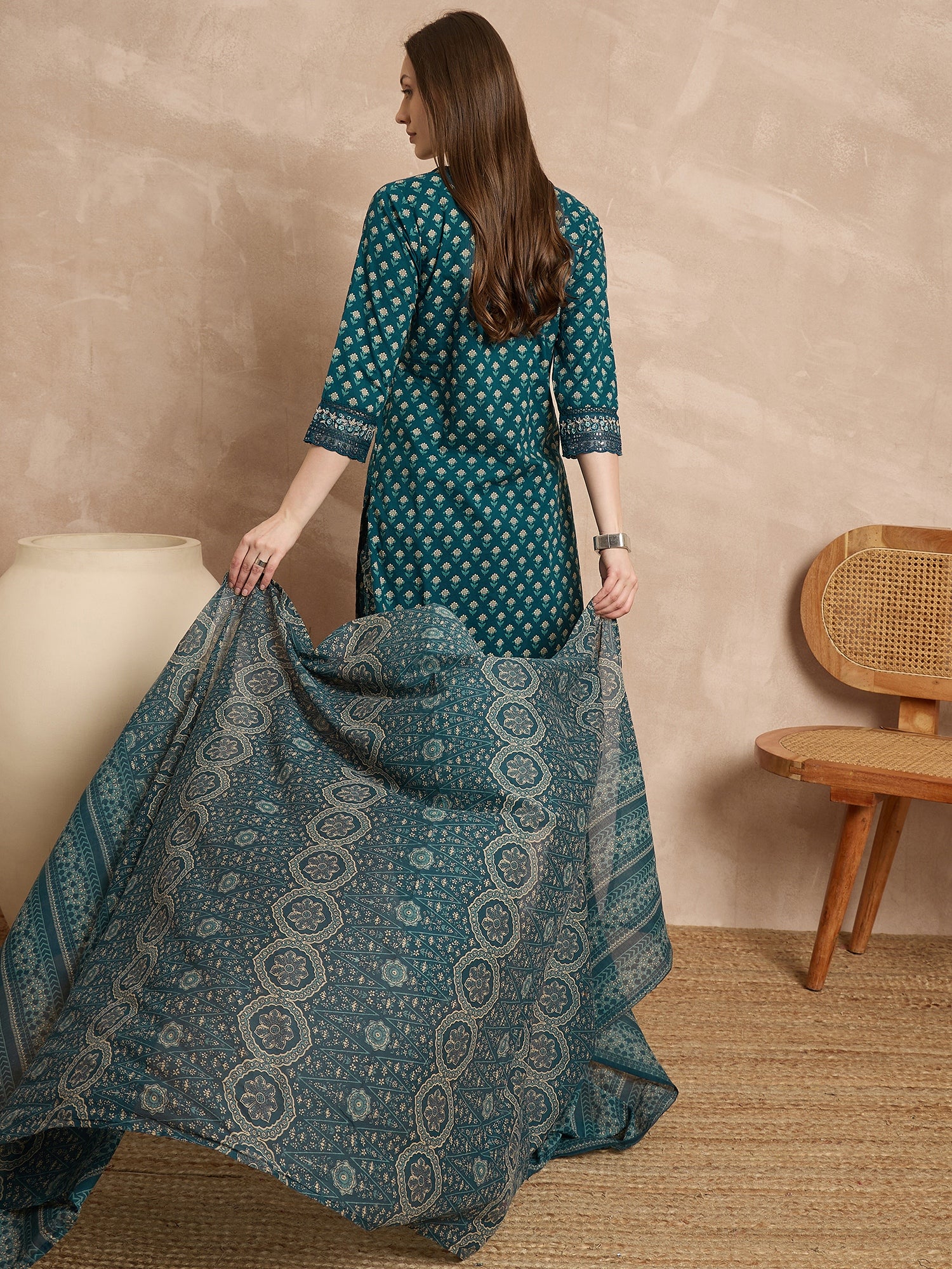 Women Ethnic Motifs Printed Regular Pure Cotton Kurta with Trousers & With Dupatta
