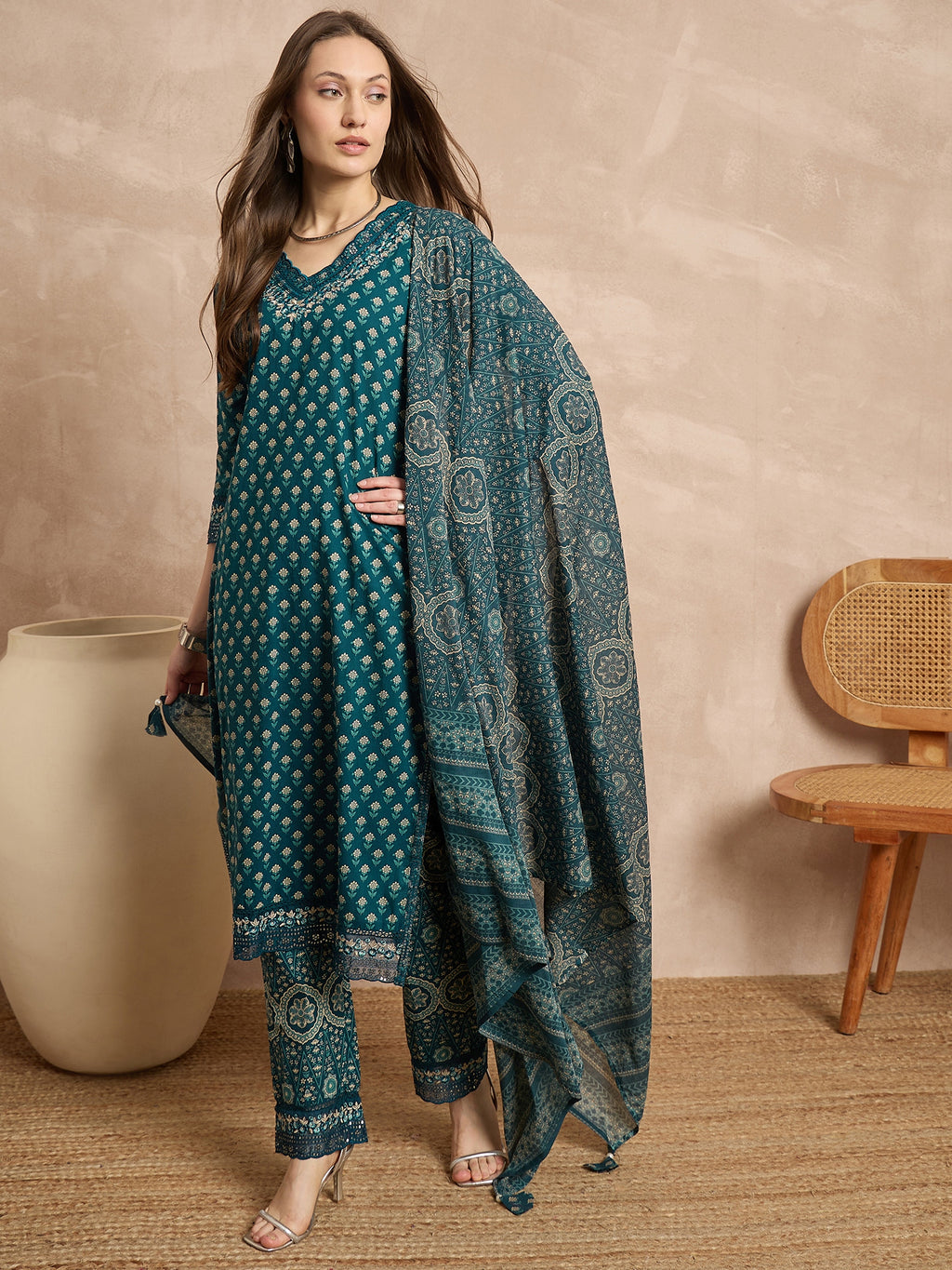 Women Ethnic Motifs Printed Regular Pure Cotton Kurta with Trousers & With Dupatta