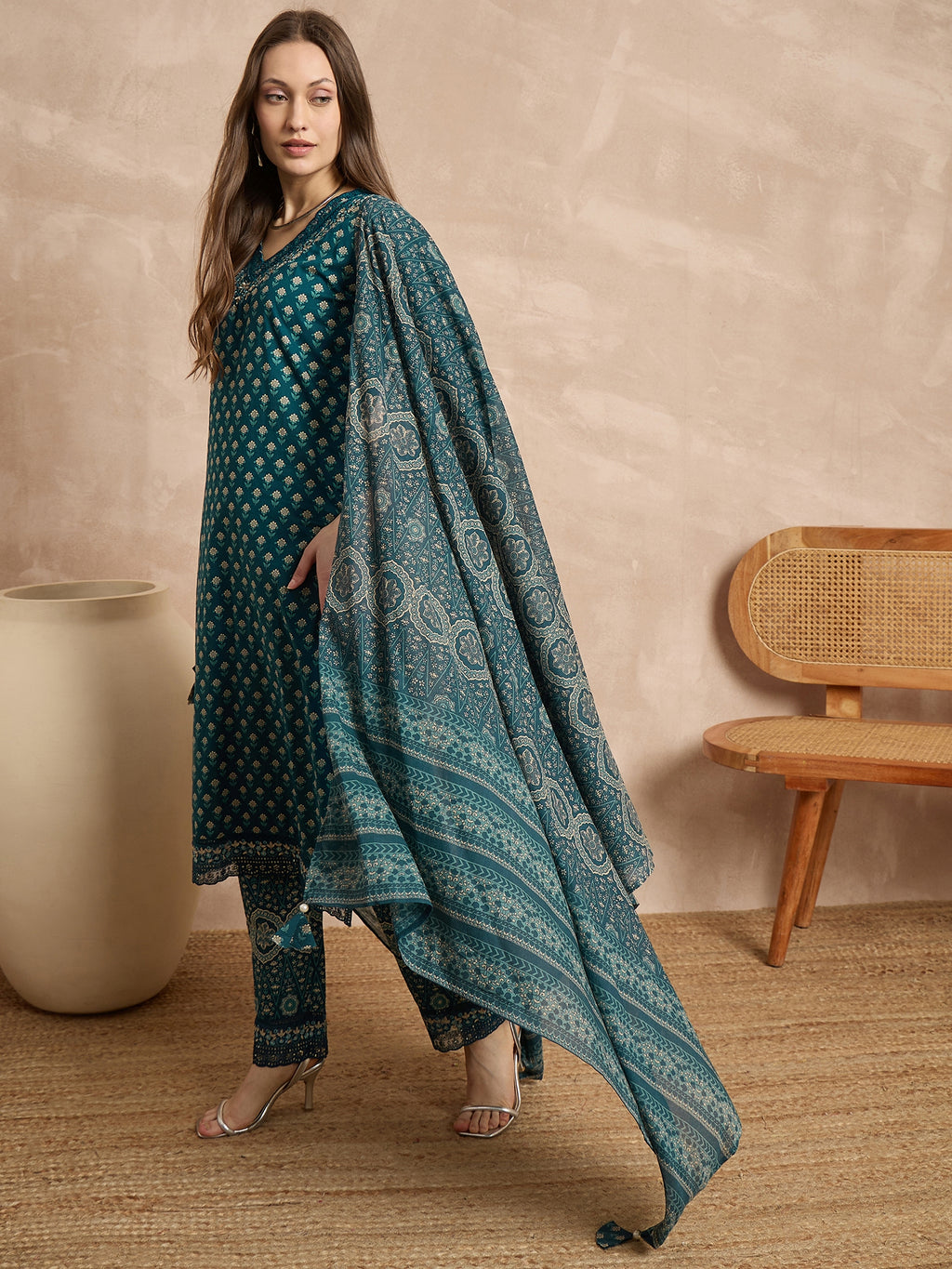 Women Ethnic Motifs Printed Regular Pure Cotton Kurta with Trousers & With Dupatta