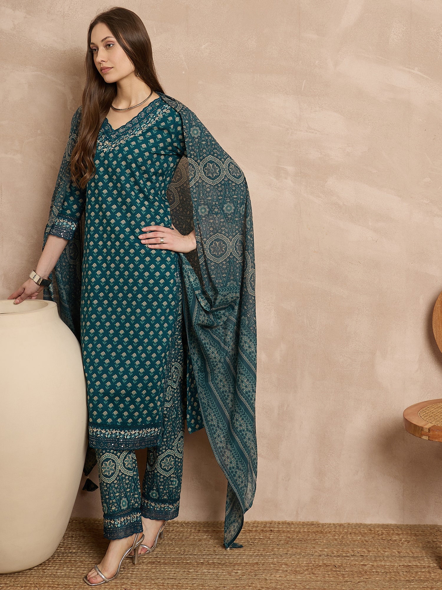 Women Ethnic Motifs Printed Regular Pure Cotton Kurta with Trousers & With Dupatta
