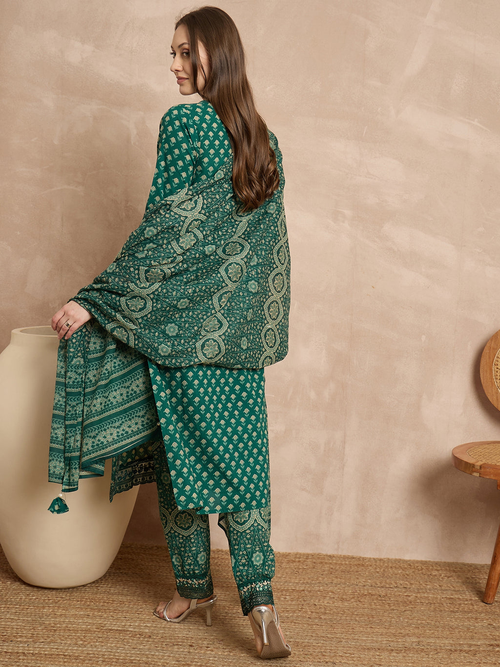 Women Ethnic Motifs Printed Regular Thread Work Pure Cotton Kurta with Trousers & With Dupatta