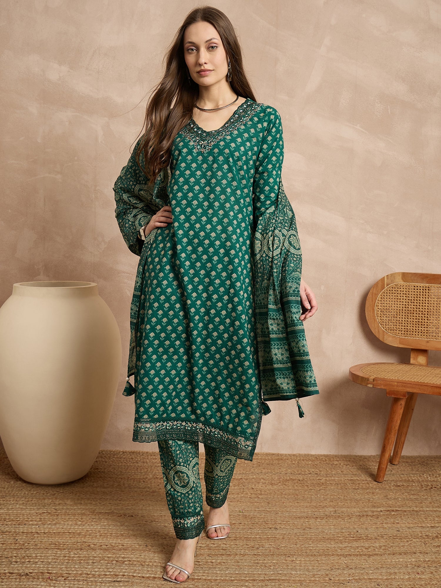Women Ethnic Motifs Printed Regular Thread Work Pure Cotton Kurta with Trousers & With Dupatta