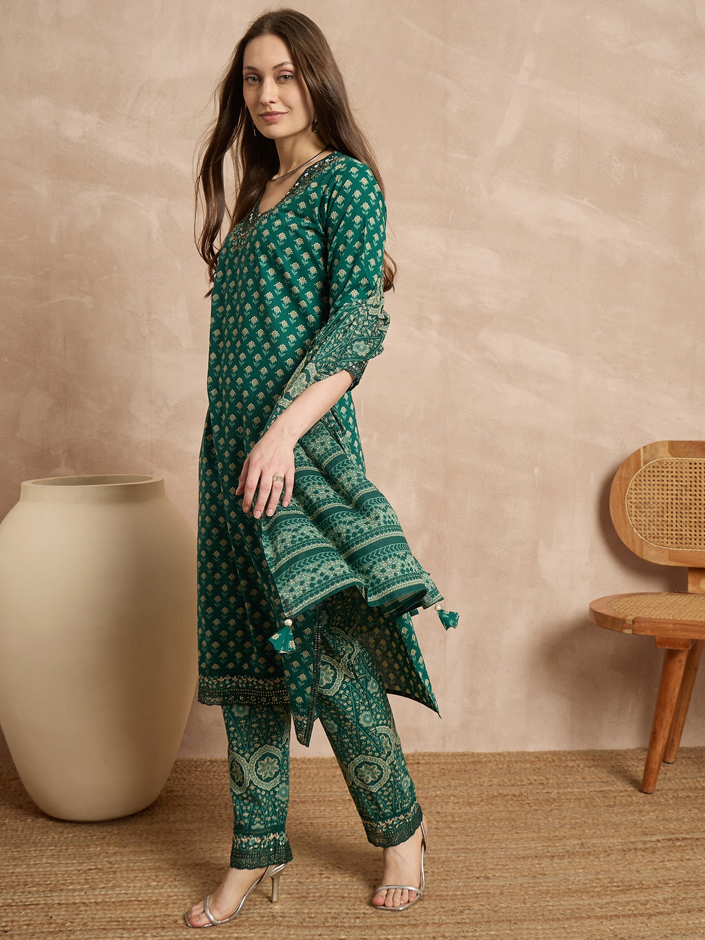 Women Ethnic Motifs Printed Regular Thread Work Pure Cotton Kurta with Trousers & With Dupatta